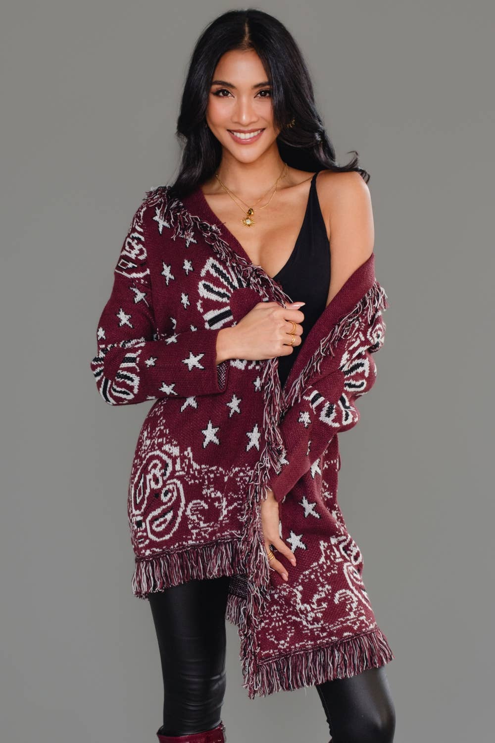 Burgundy Bandana Fringe Cardigan