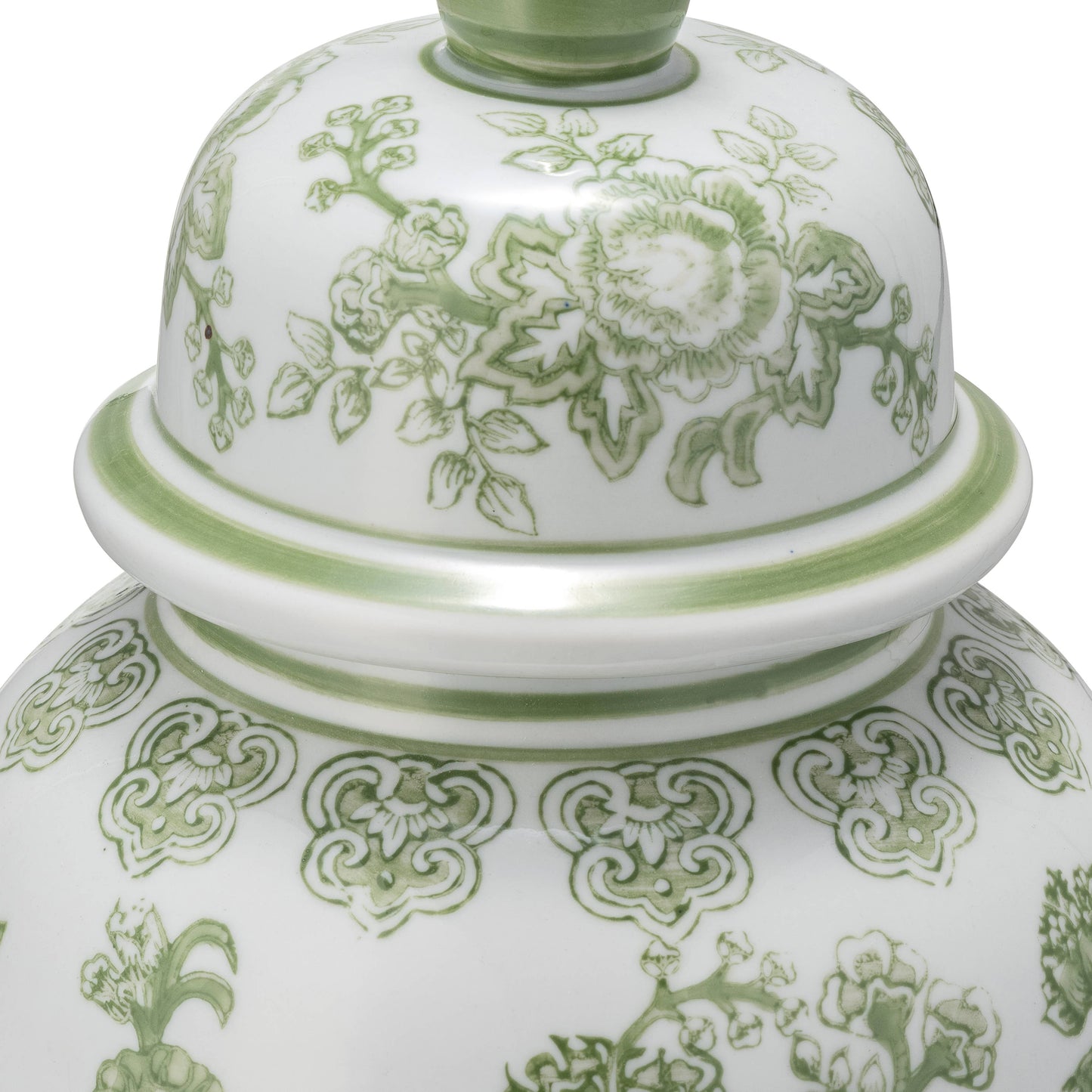 14 in. Green/White Bird and Flower Temple Chinoiserie Jar