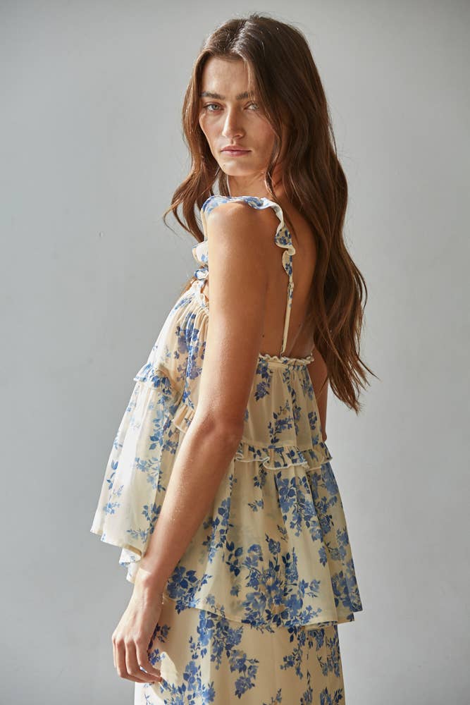 Woven Floral Print Ruffled Top