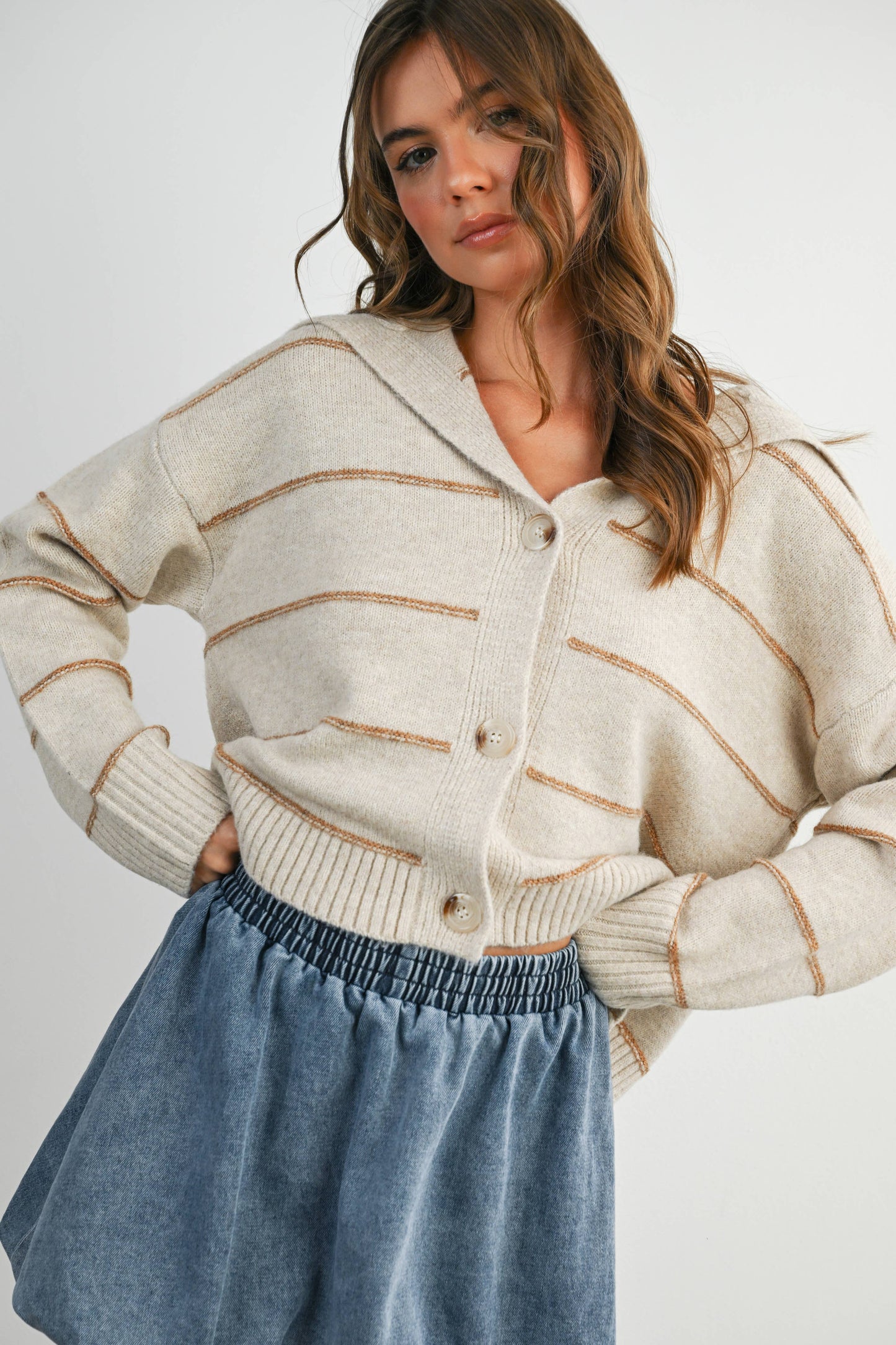 Button-Up Striped Collared Long Sleeve Top - BMC7883: TAUPE MULTI / L