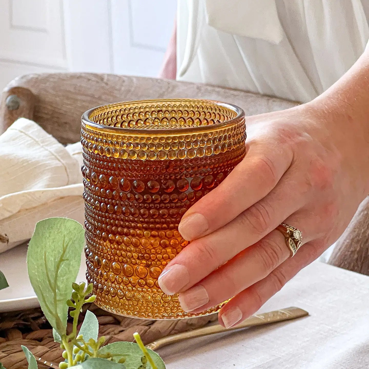 Textured Hobnail Beaded Amber Drinking Glasses