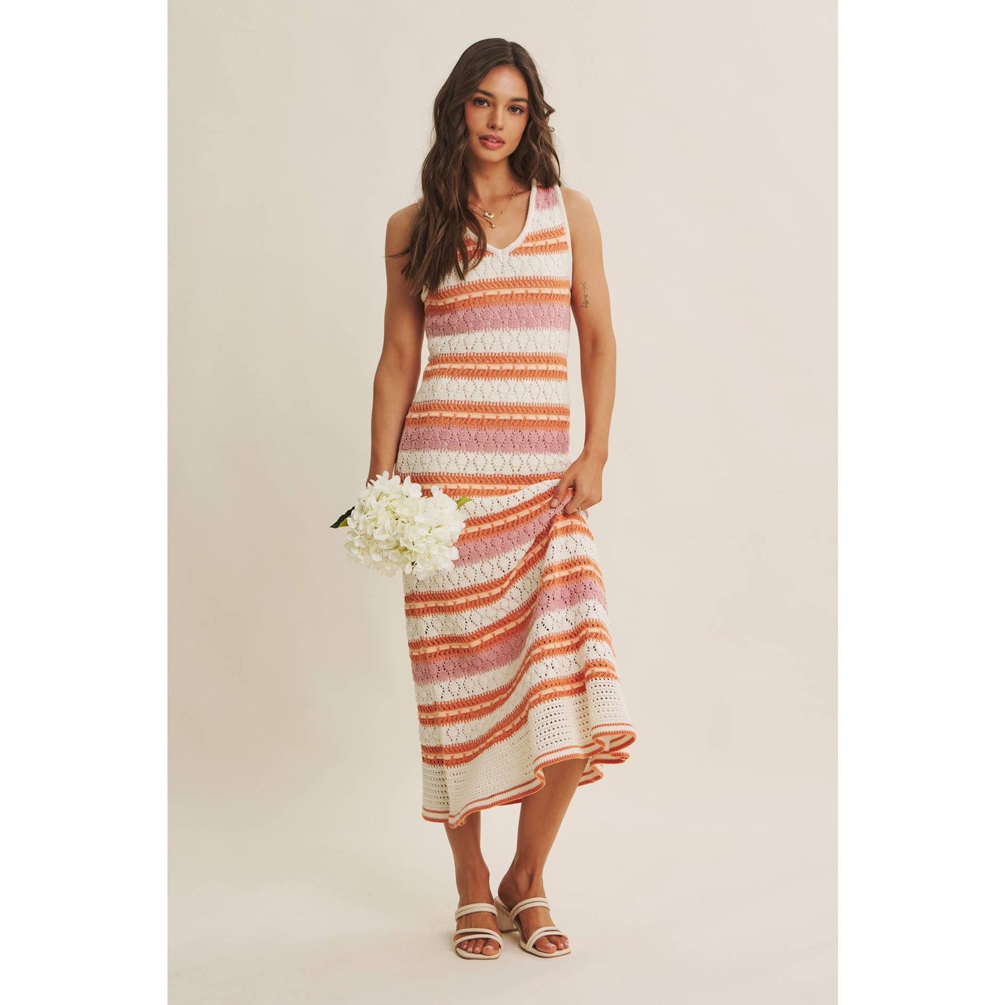 RETRO-INSPIRED MULTI-COLOR FORM FITTING CROCHET SWEATER MIDI
