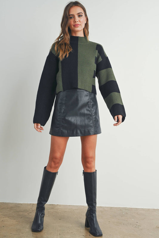 Color Block Mock Turtleneck Sweater - BMW7161: BLACK / OLIVE / S