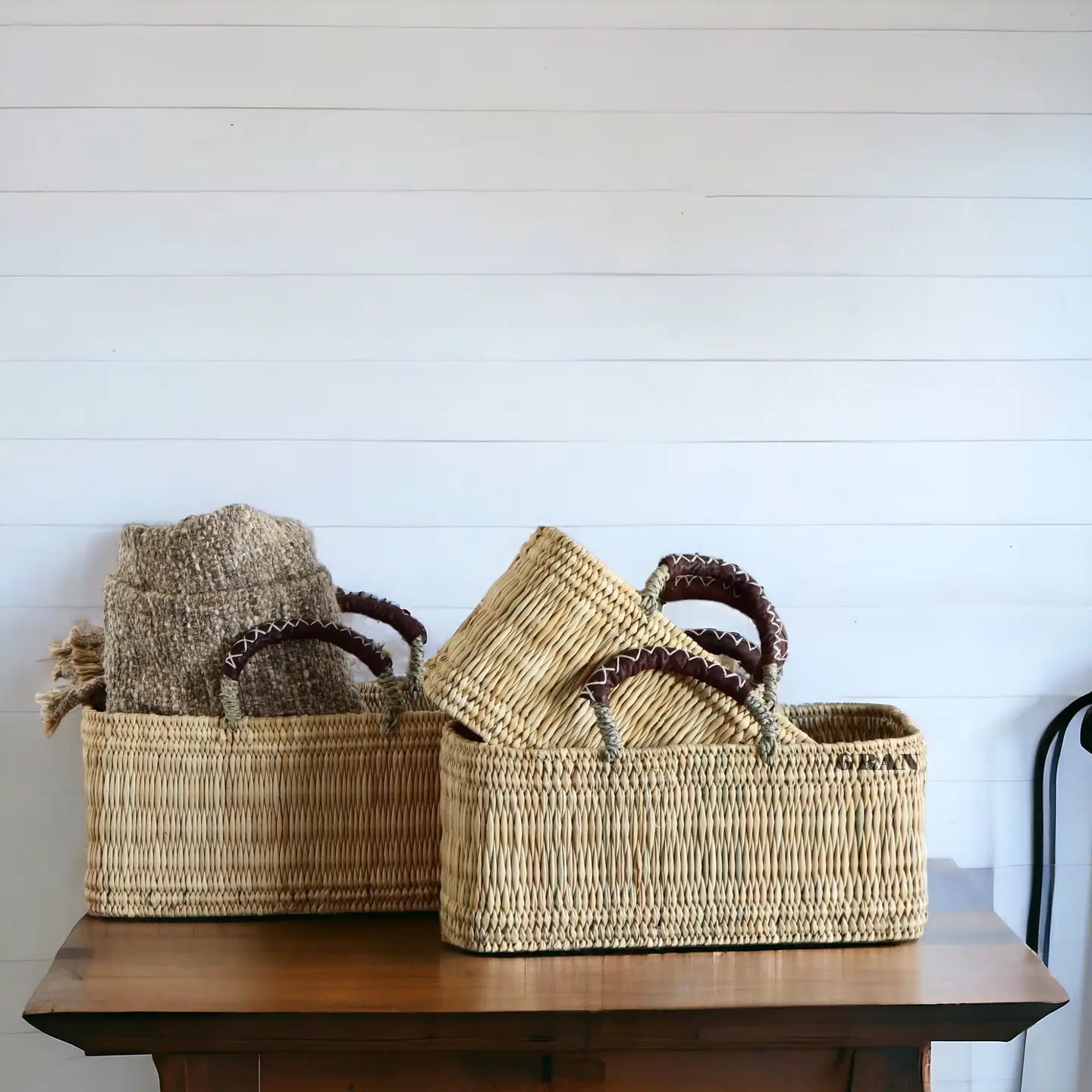 Market Reed Storage & Leather Baskets Shopping Bag