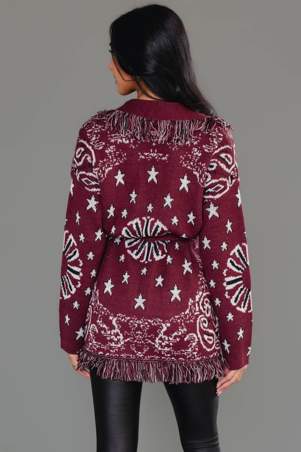 Burgundy Bandana Fringe Cardigan