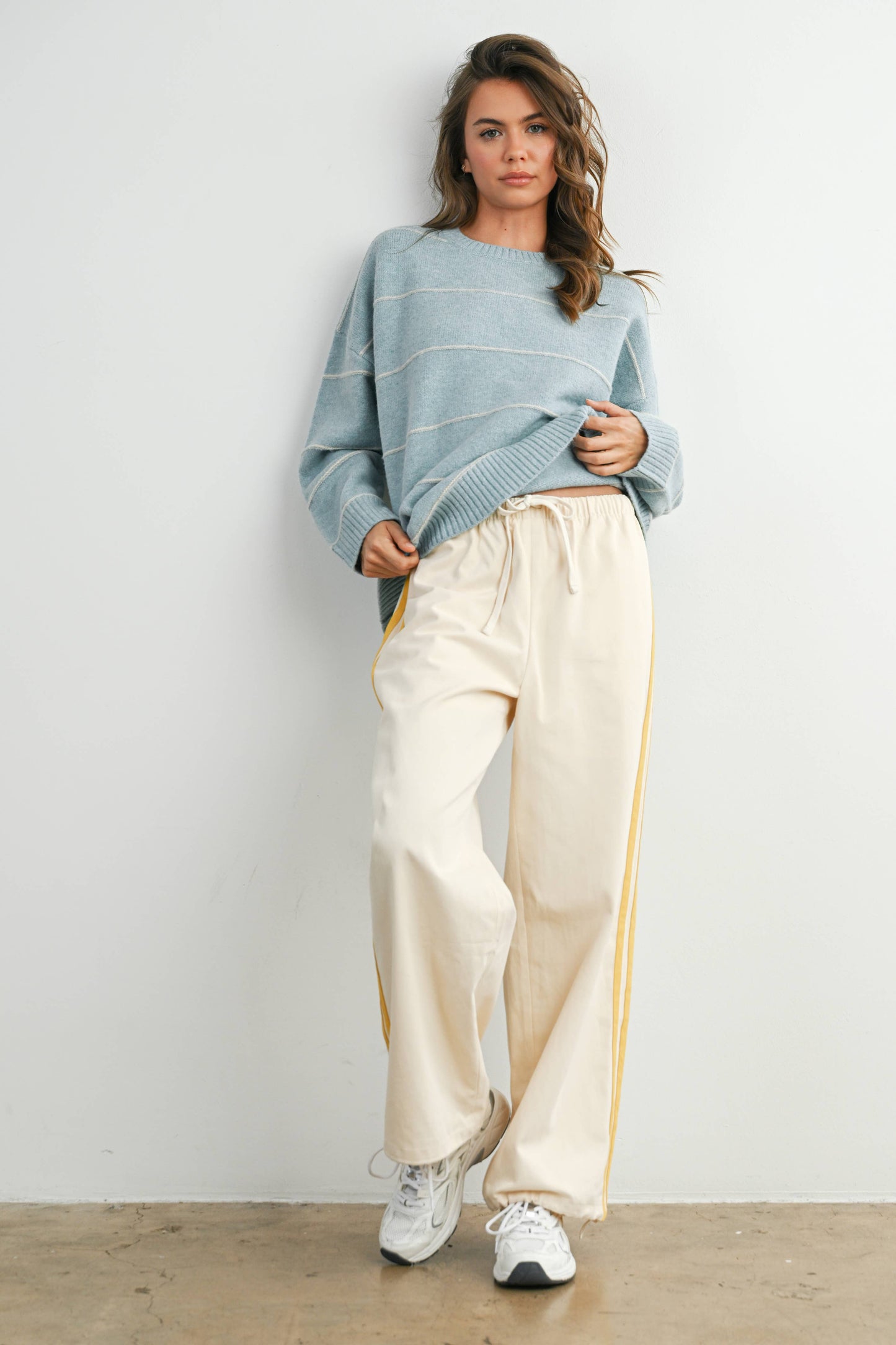 Striped Pattern Drop Shoulder Sweater - BMW7421: TAUPE MULTI / M