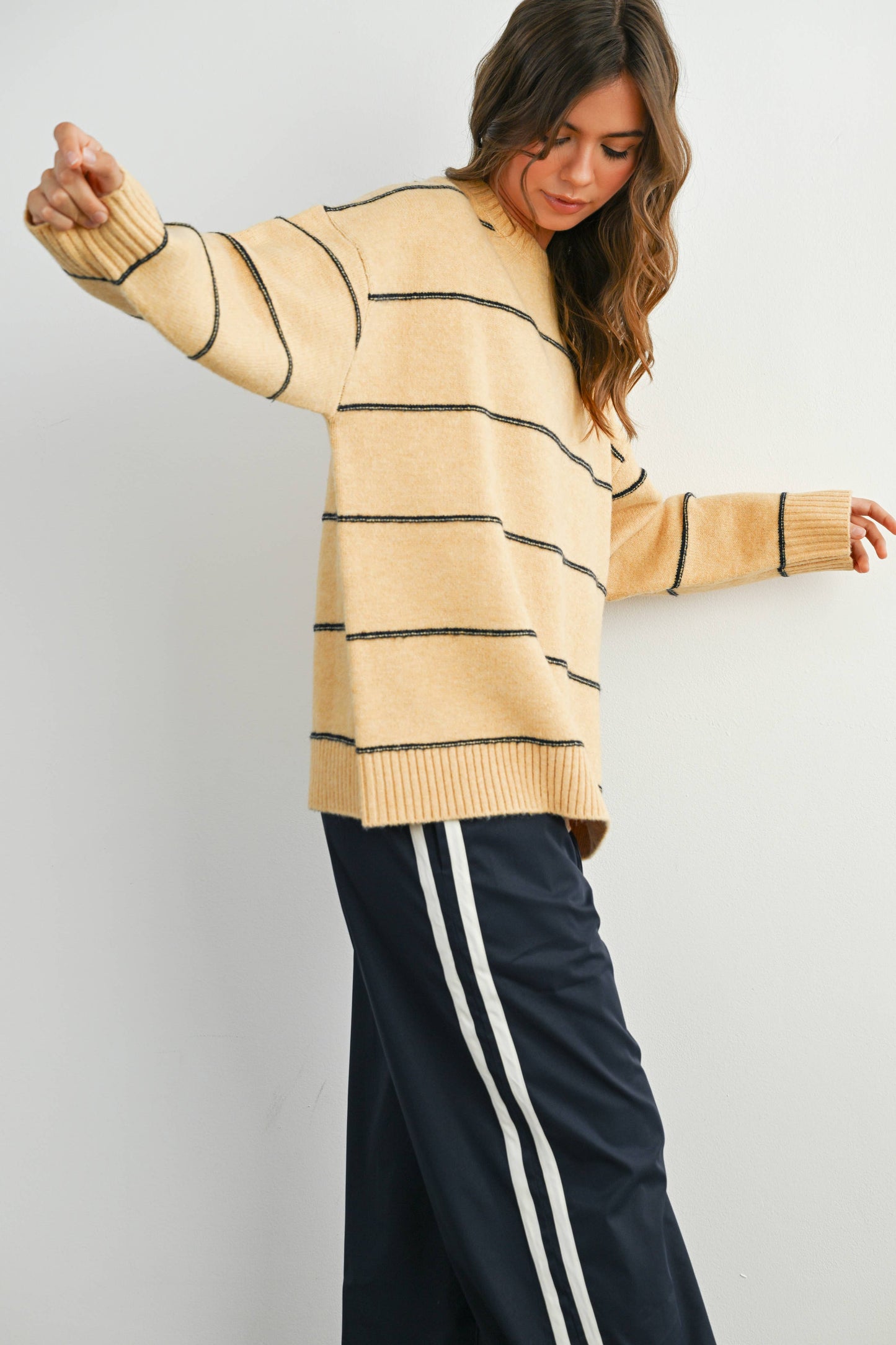 Striped Pattern Drop Shoulder Sweater - BMW7421: TAUPE MULTI / L