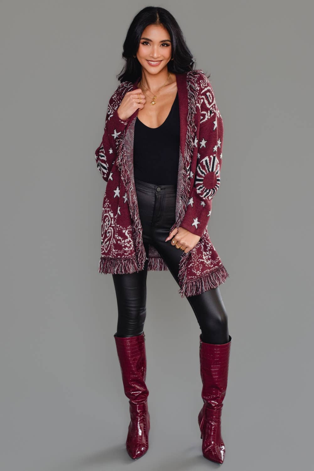 Burgundy Bandana Fringe Cardigan