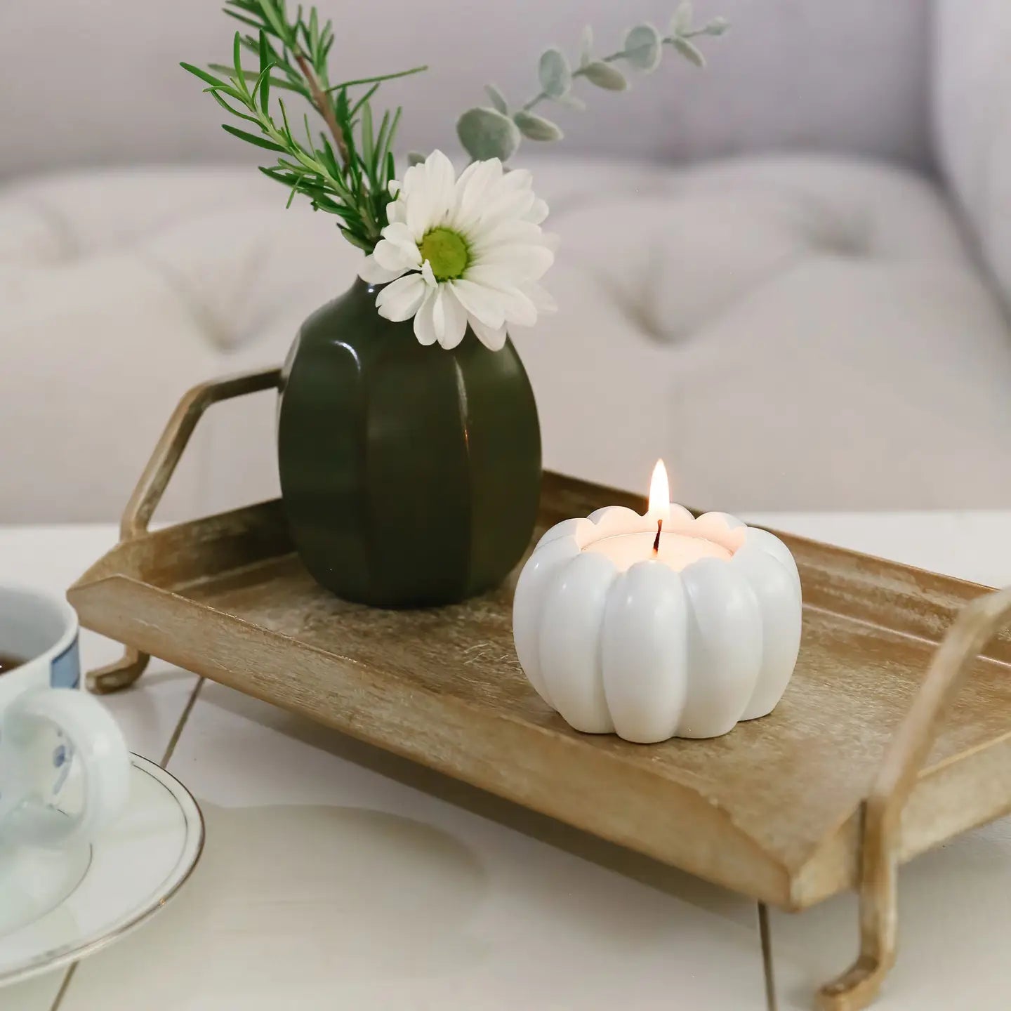 White Pumpkin Tealight & Candlestick Holder