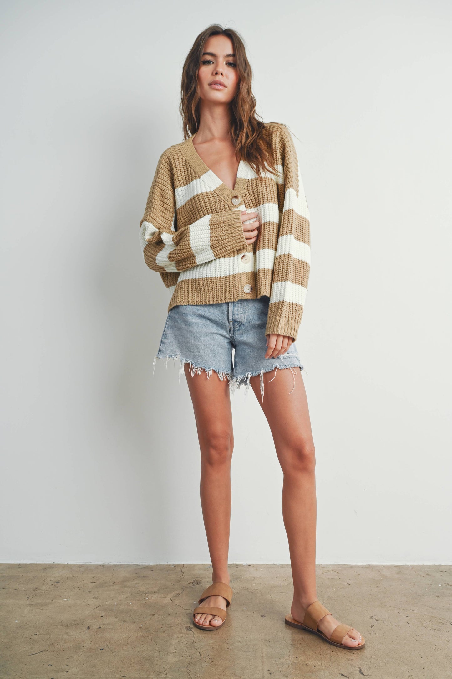 Striped V-Neck Cardigan with Buttons - BMC7331