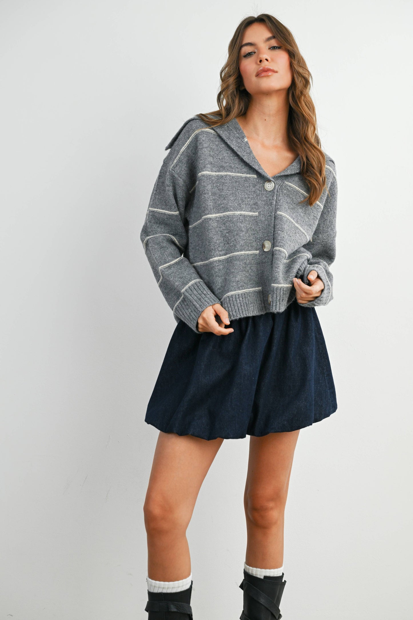Button-Up Striped Collared Long Sleeve Top - BMC7883: TAUPE MULTI / M