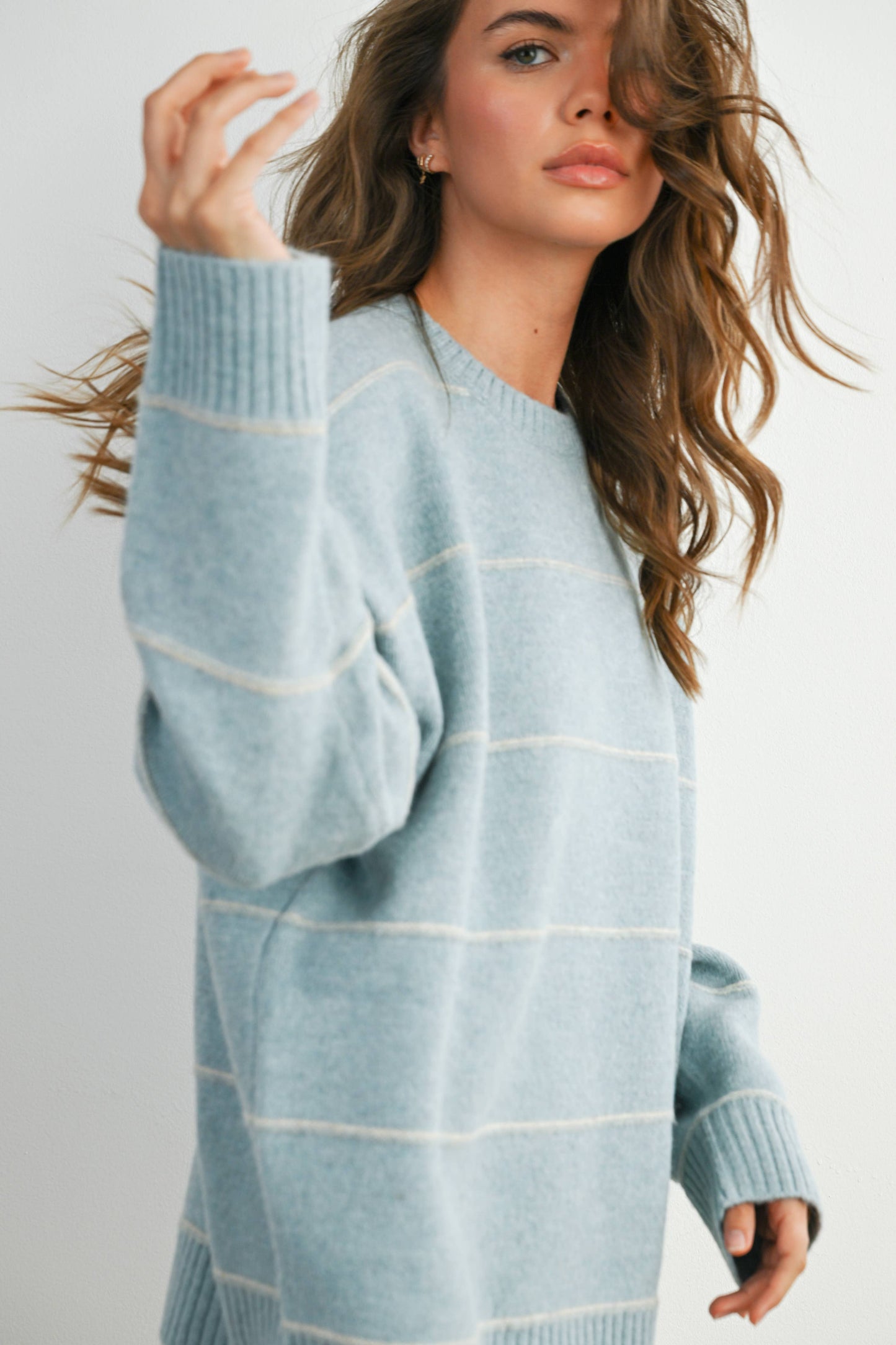 Striped Pattern Drop Shoulder Sweater - BMW7421: TAUPE MULTI / L