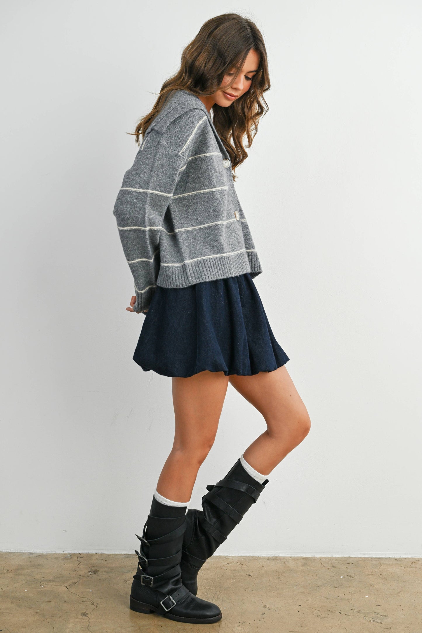 Button-Up Striped Collared Long Sleeve Top - BMC7883: TAUPE MULTI / M