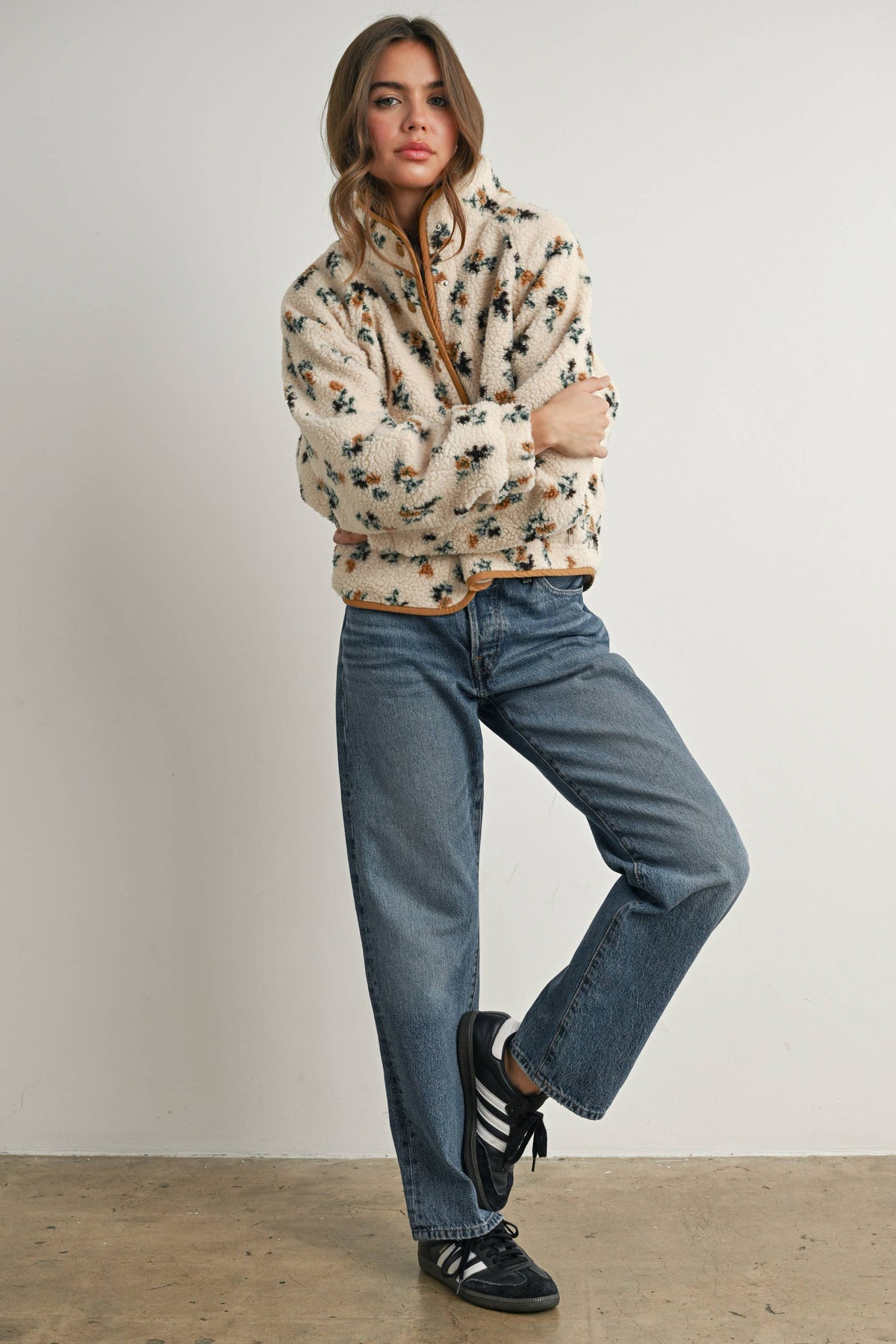 Floral Print Fluffy Fleece Jacket - BMJ7811: CREAM / KHAKI / L