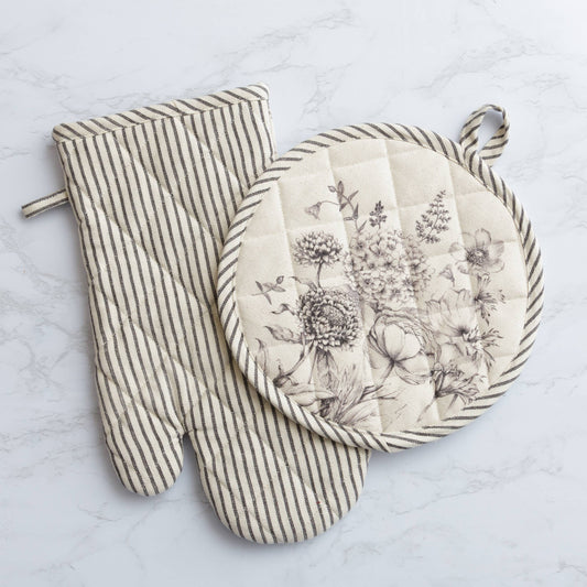 Oven Mitt And Pot Holder - Black And White Botanicals
