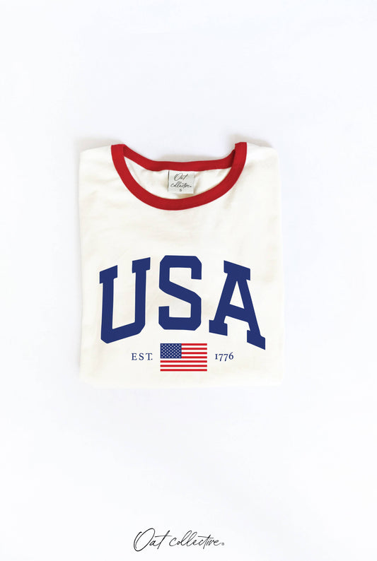 USA EST 1776  Ringer Graphic T-Shirt: NATURAL/RED / XL