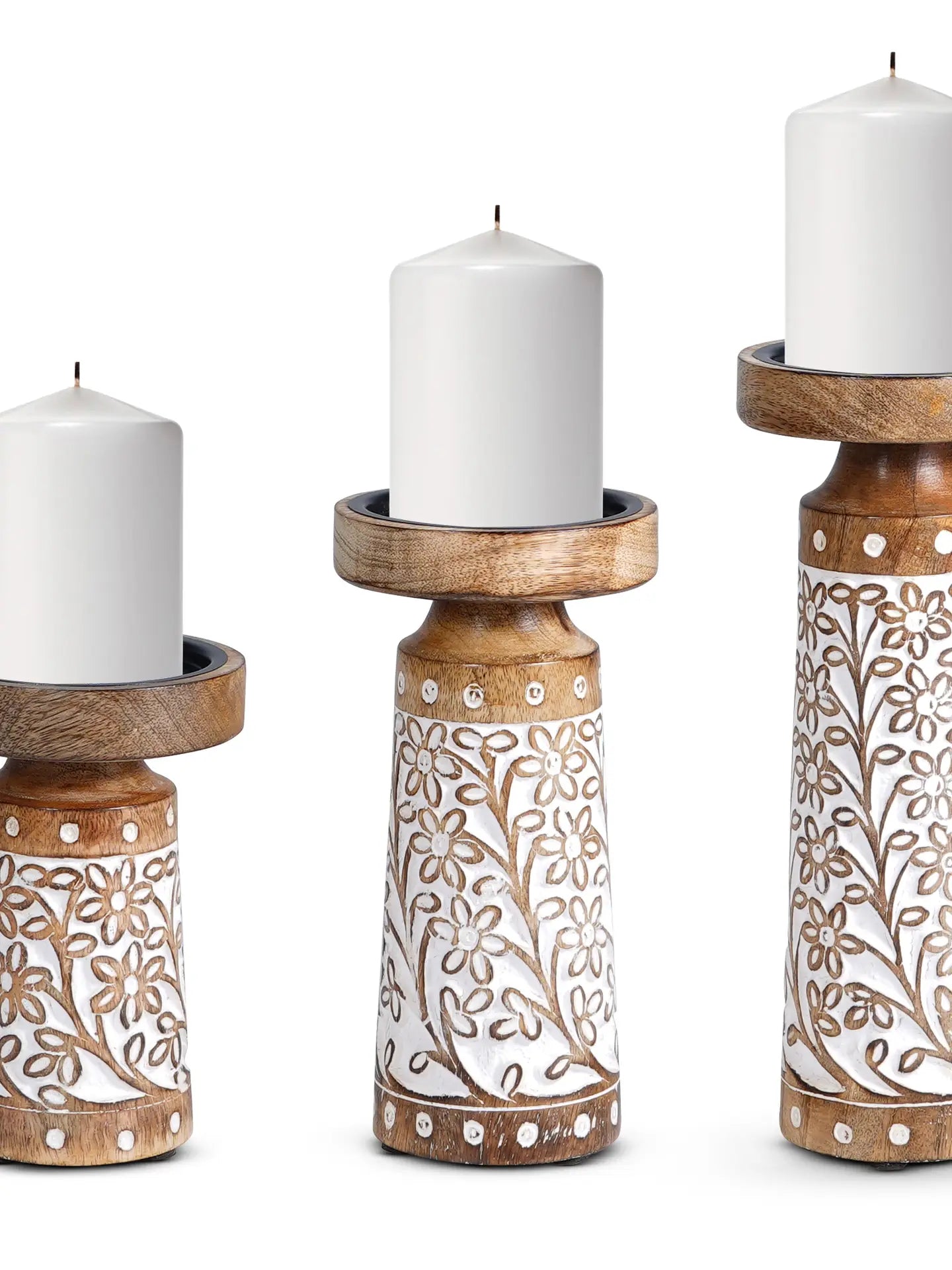 Hand Carved Crafted Thick Wood Candle Holders