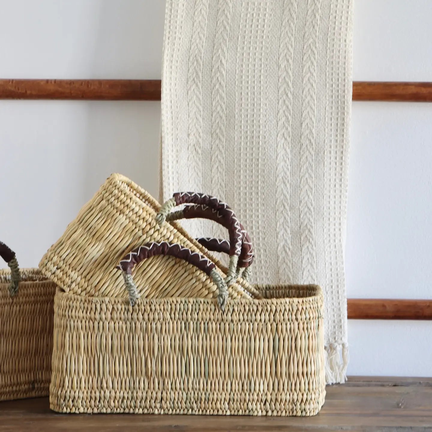 Market Reed Storage & Leather Baskets Shopping Bag