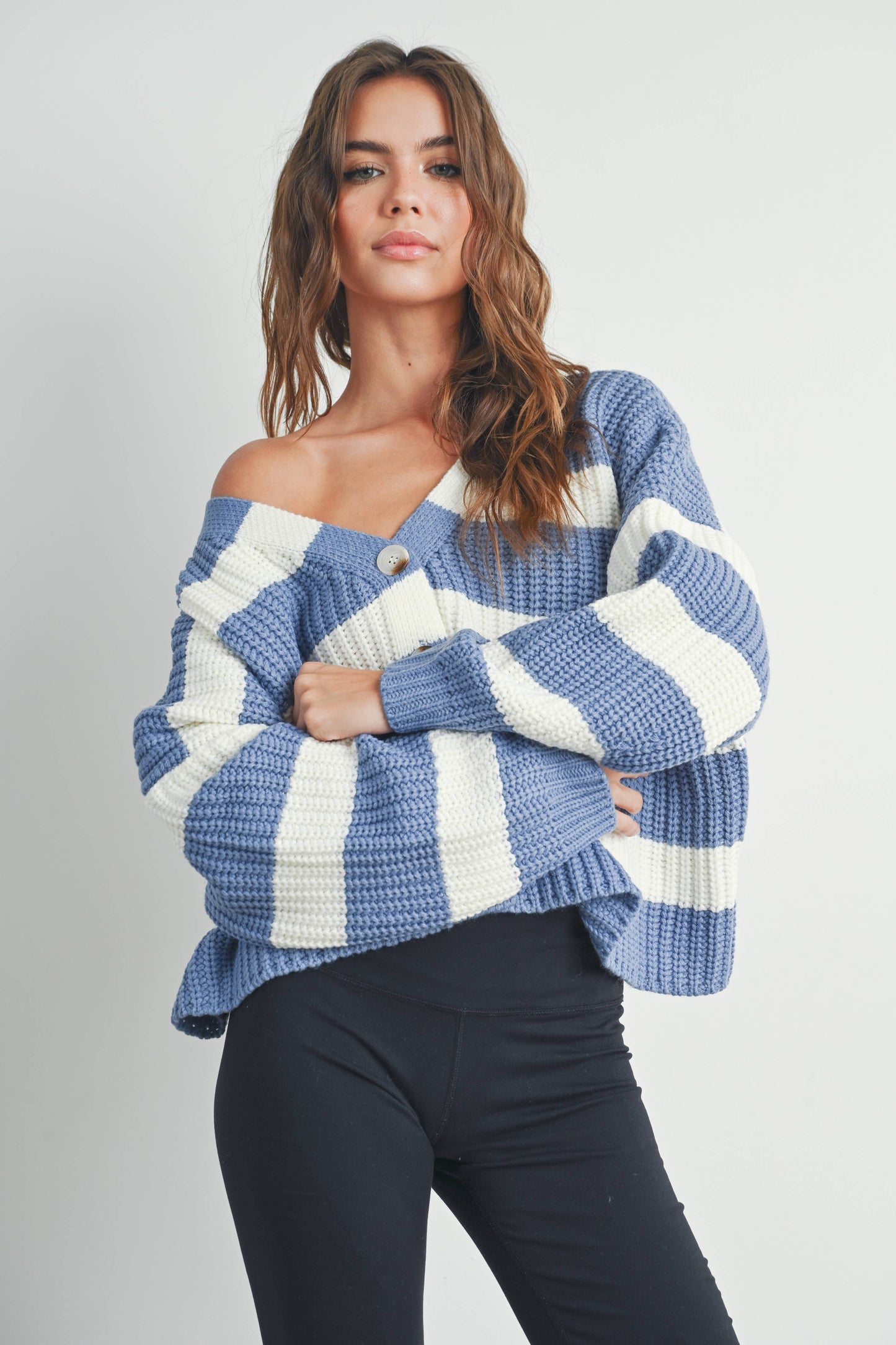 Striped V-Neck Cardigan with Buttons - BMC7331