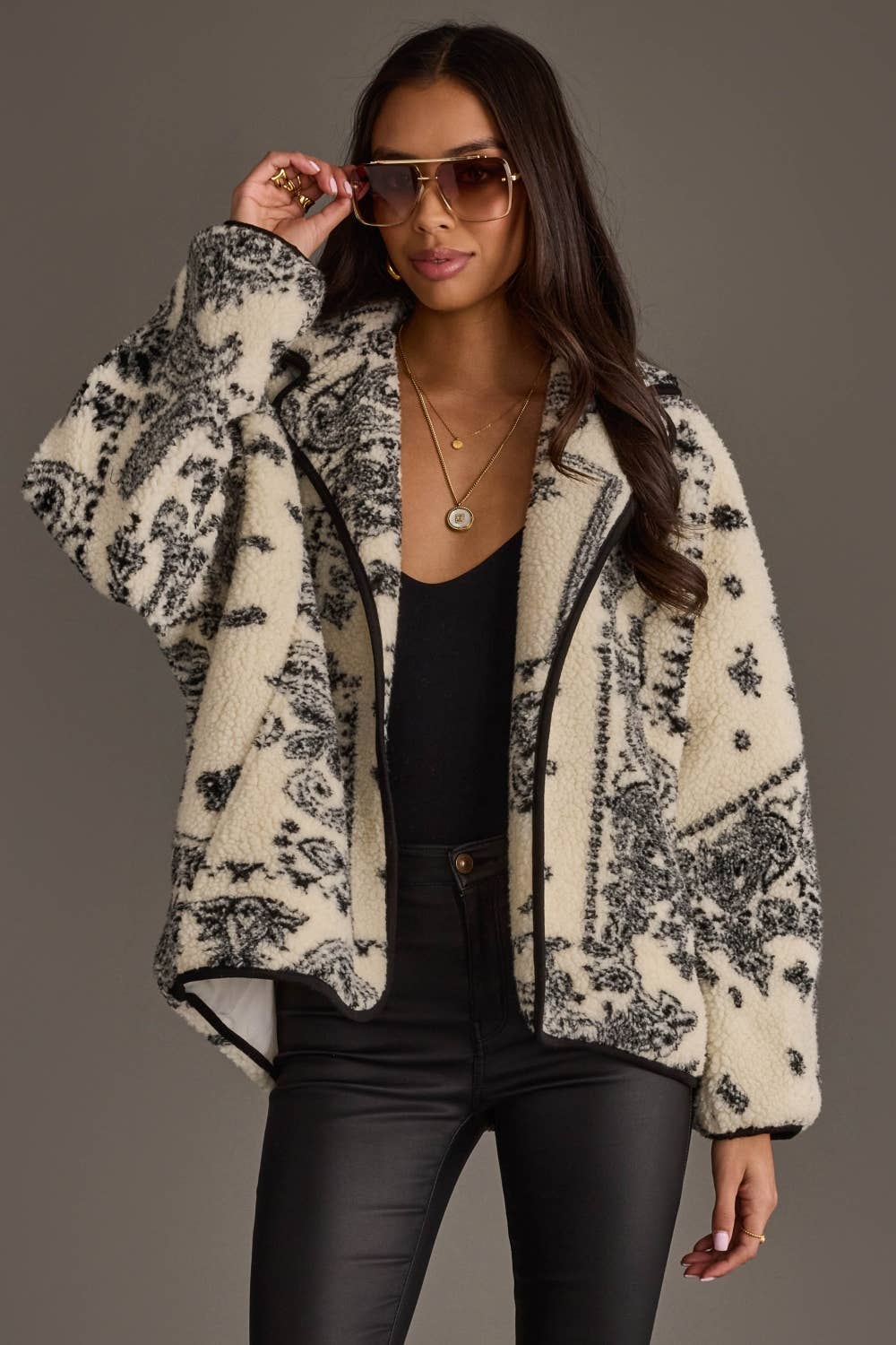 White & Black Paisley Fleece Coatigan