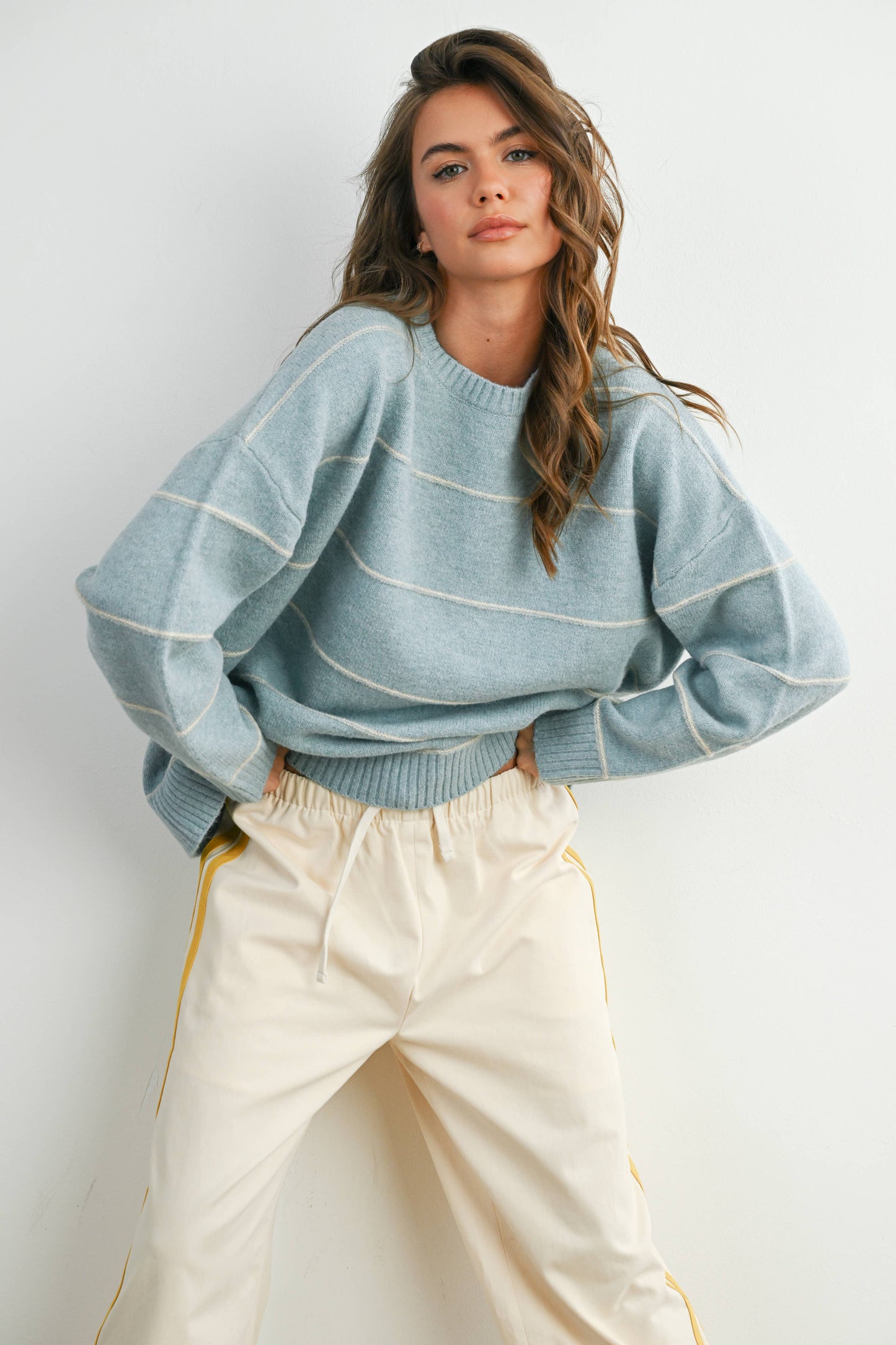 Striped Pattern Drop Shoulder Sweater - BMW7421: TAUPE MULTI / M