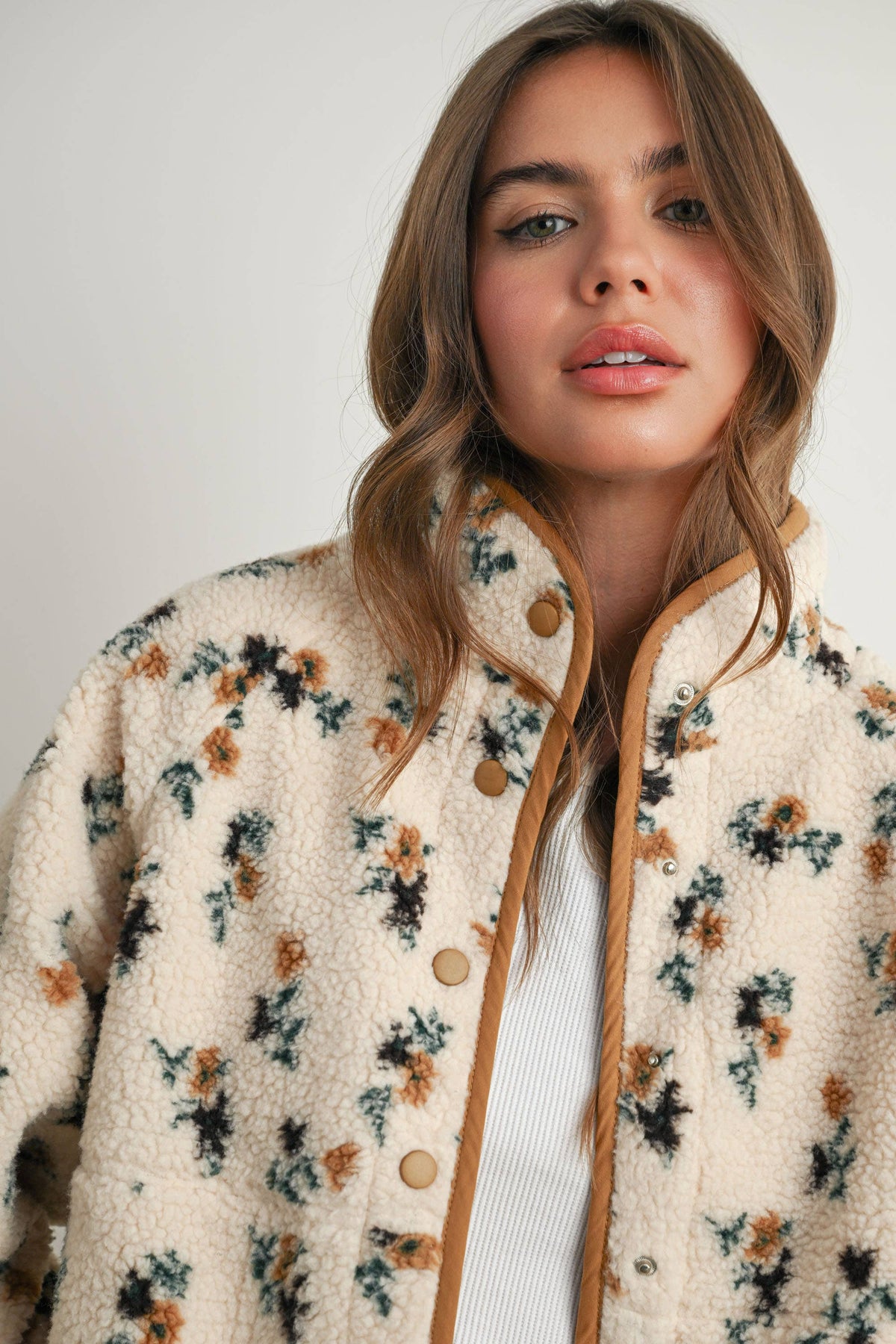 Floral Print Fluffy Fleece Jacket - BMJ7811: CREAM / KHAKI / M