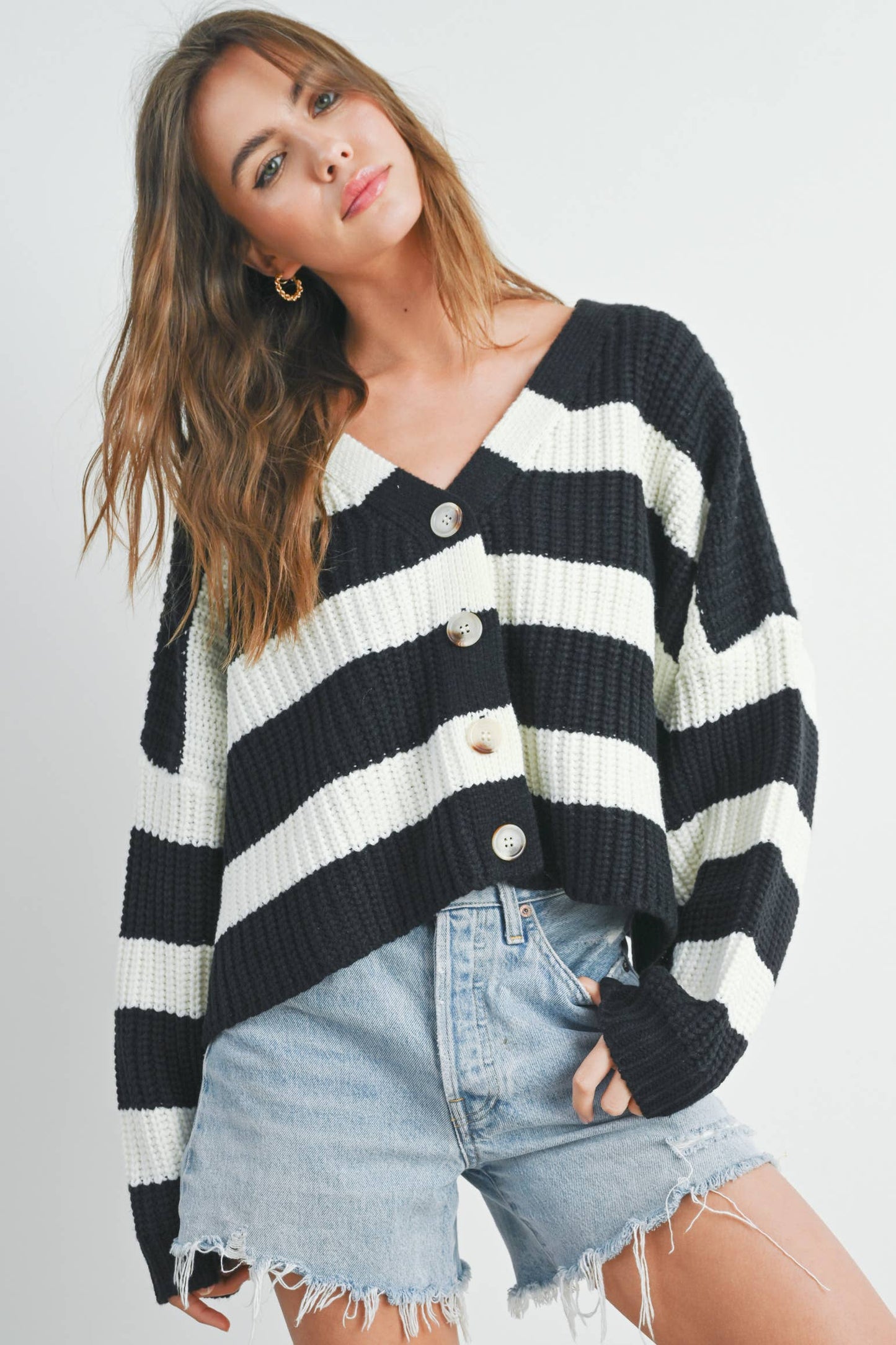 Striped V-Neck Cardigan with Buttons - BMC7331