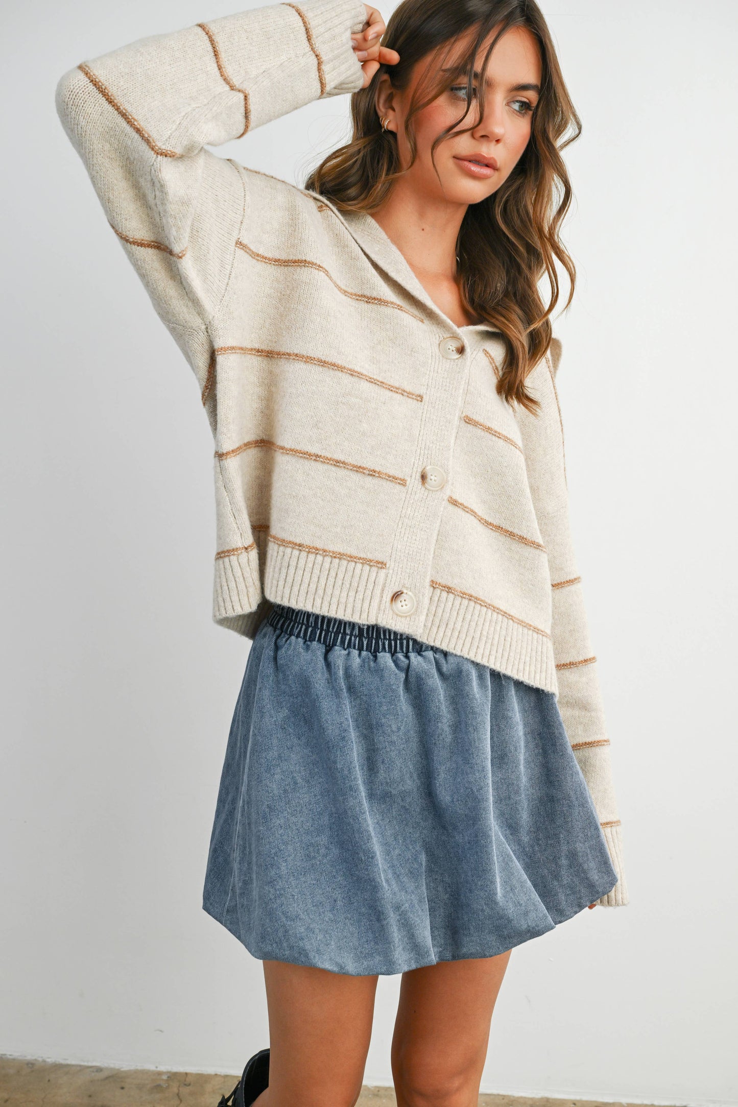 Button-Up Striped Collared Long Sleeve Top - BMC7883: TAUPE MULTI / M