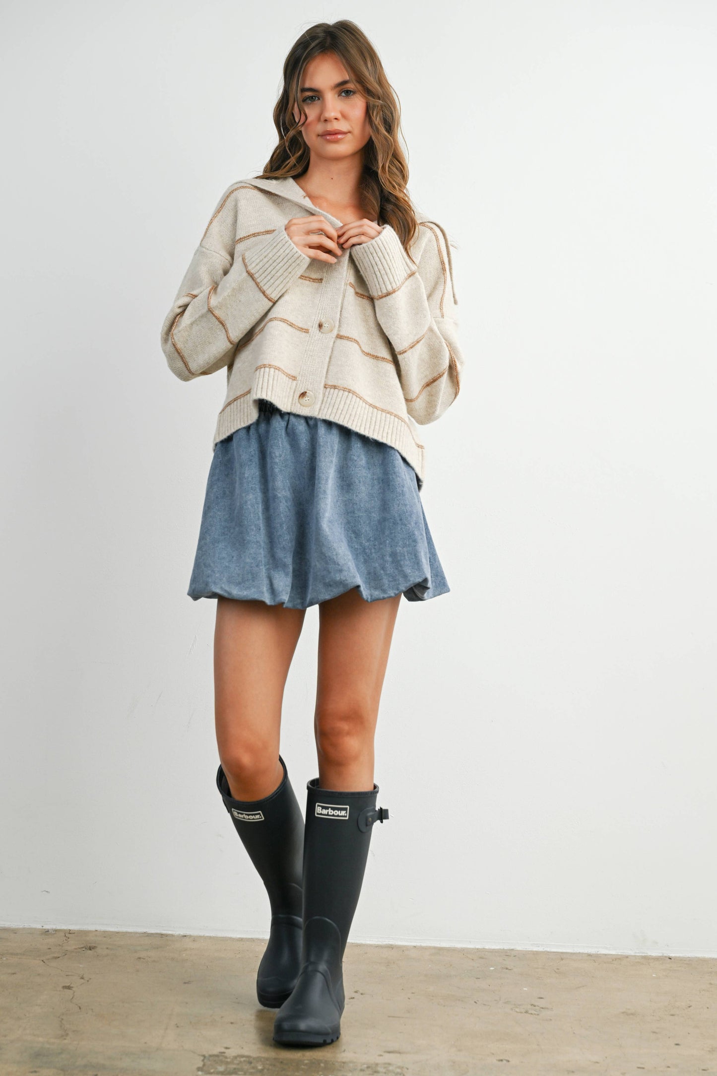 Button-Up Striped Collared Long Sleeve Top - BMC7883: TAUPE MULTI / M