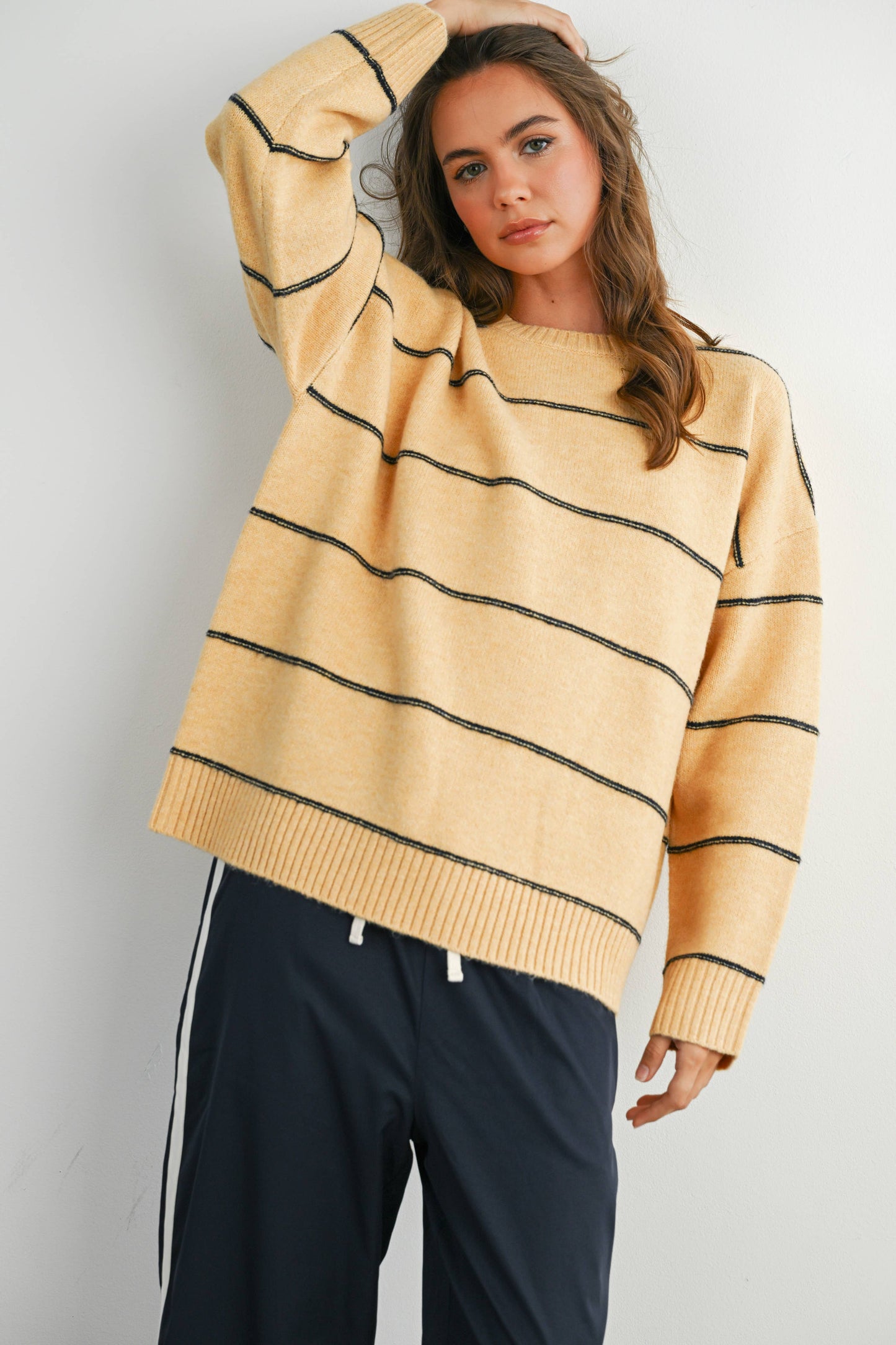 Striped Pattern Drop Shoulder Sweater - BMW7421: TAUPE MULTI / L