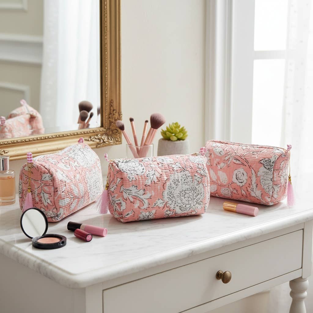Cotton Floral Spring Cosmetic Bag Set of 3