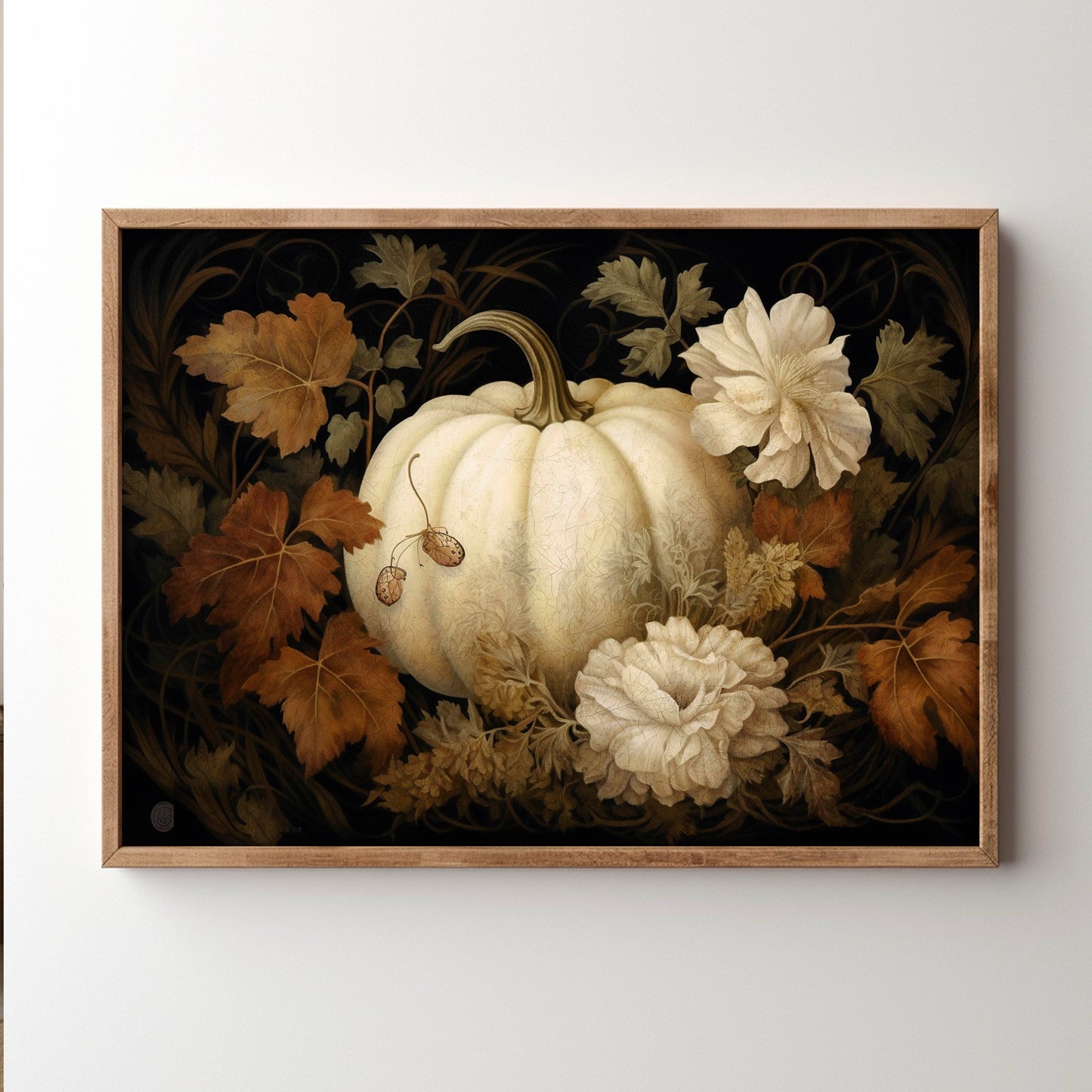 White Pumpkin and Flowers Vintage Autumn Still Life Fall Art Print: 11x14