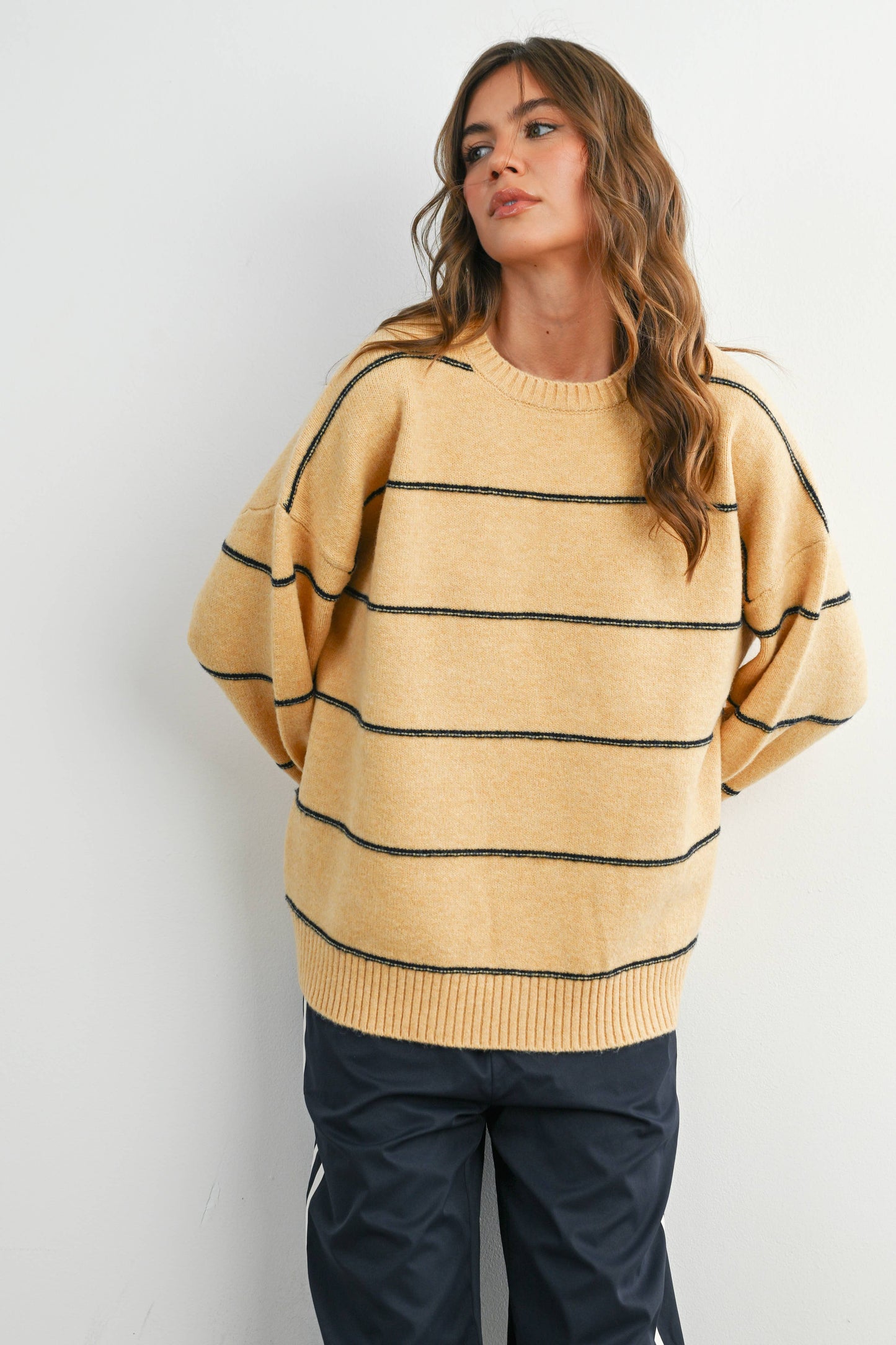 Striped Pattern Drop Shoulder Sweater - BMW7421: TAUPE MULTI / L