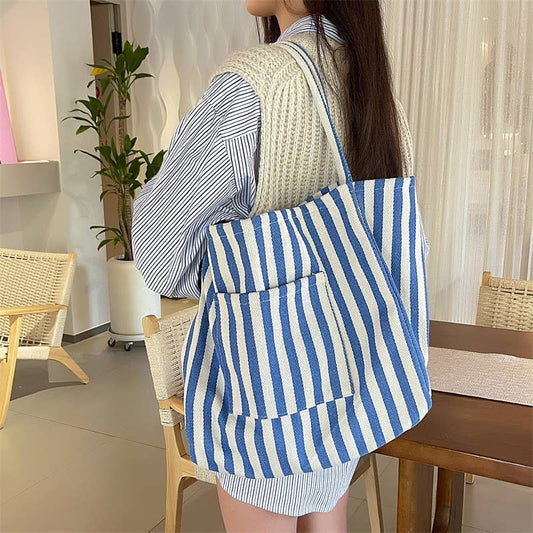 ORGANIC STRIPED TRENDING DOUBLE POCKET TOTE BAG | 40P561: Blue