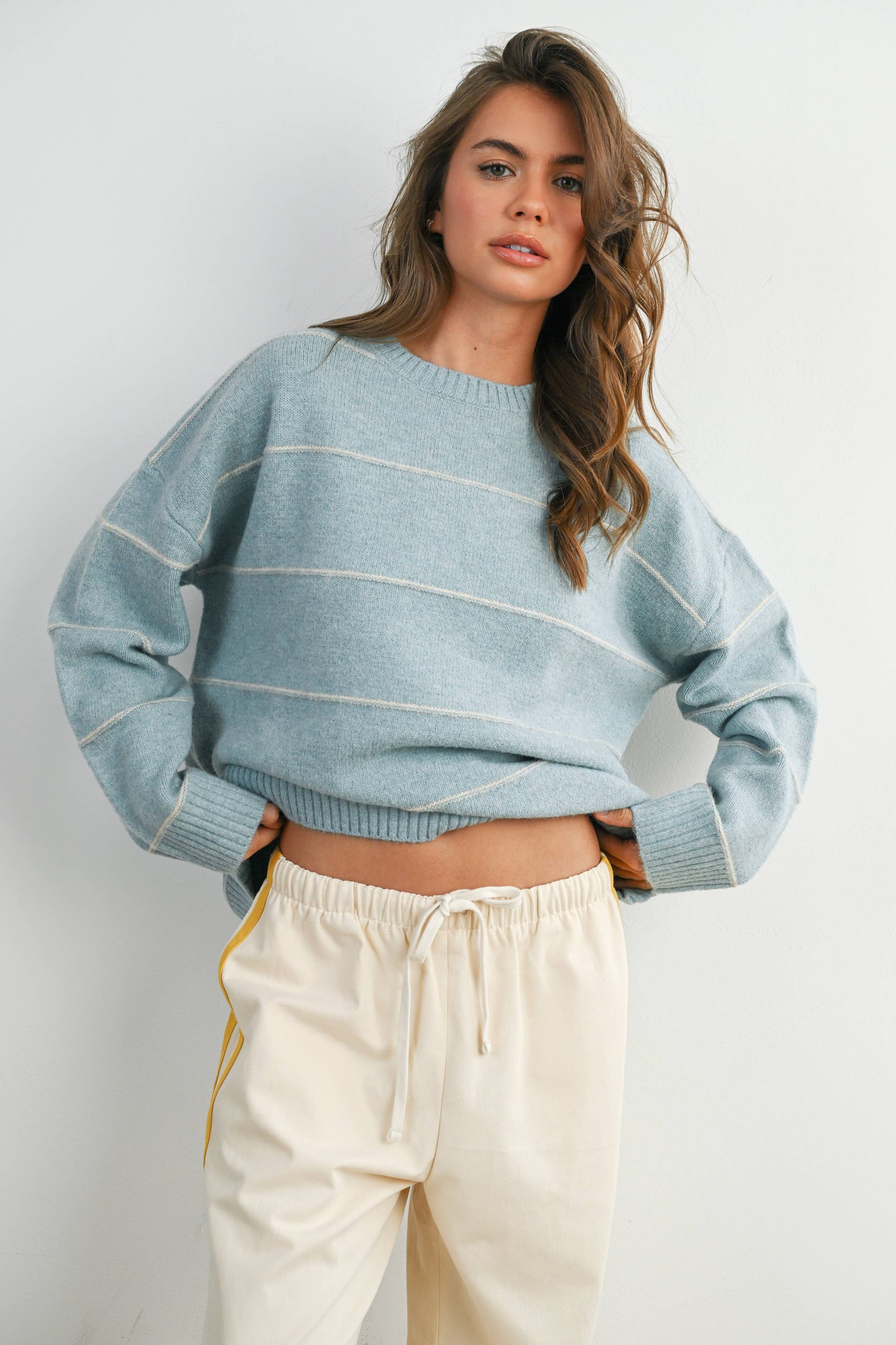 Striped Pattern Drop Shoulder Sweater - BMW7421: TAUPE MULTI / M