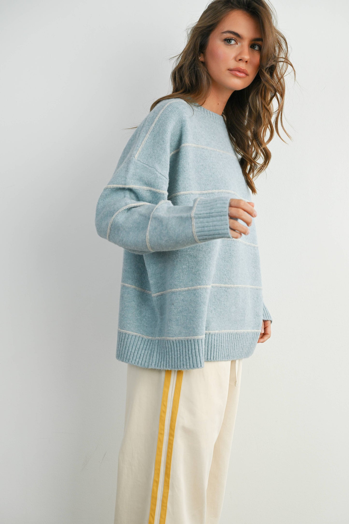 Striped Pattern Drop Shoulder Sweater - BMW7421: TAUPE MULTI / L