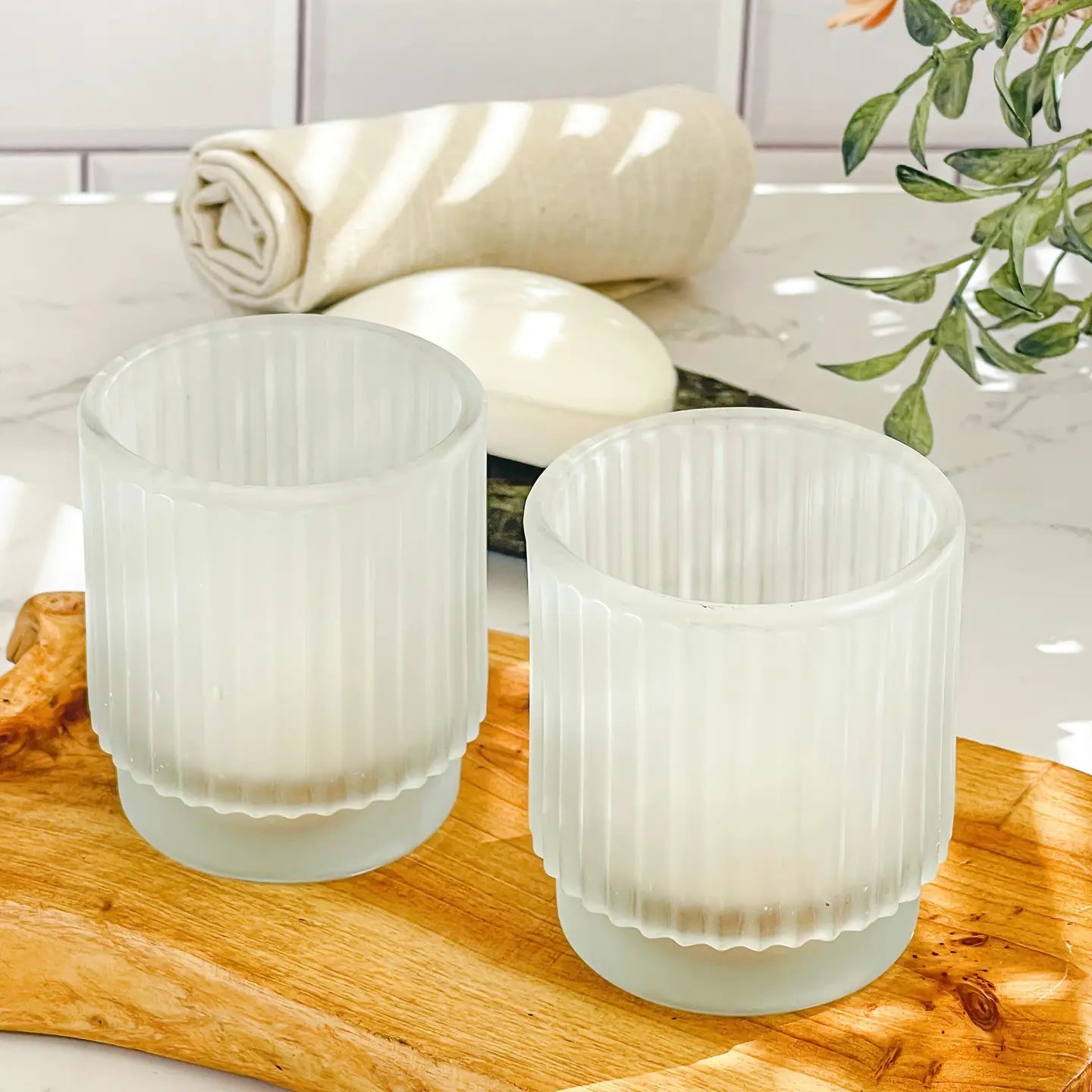 Ribbed Frosted Glass Votive Candle Holder Set