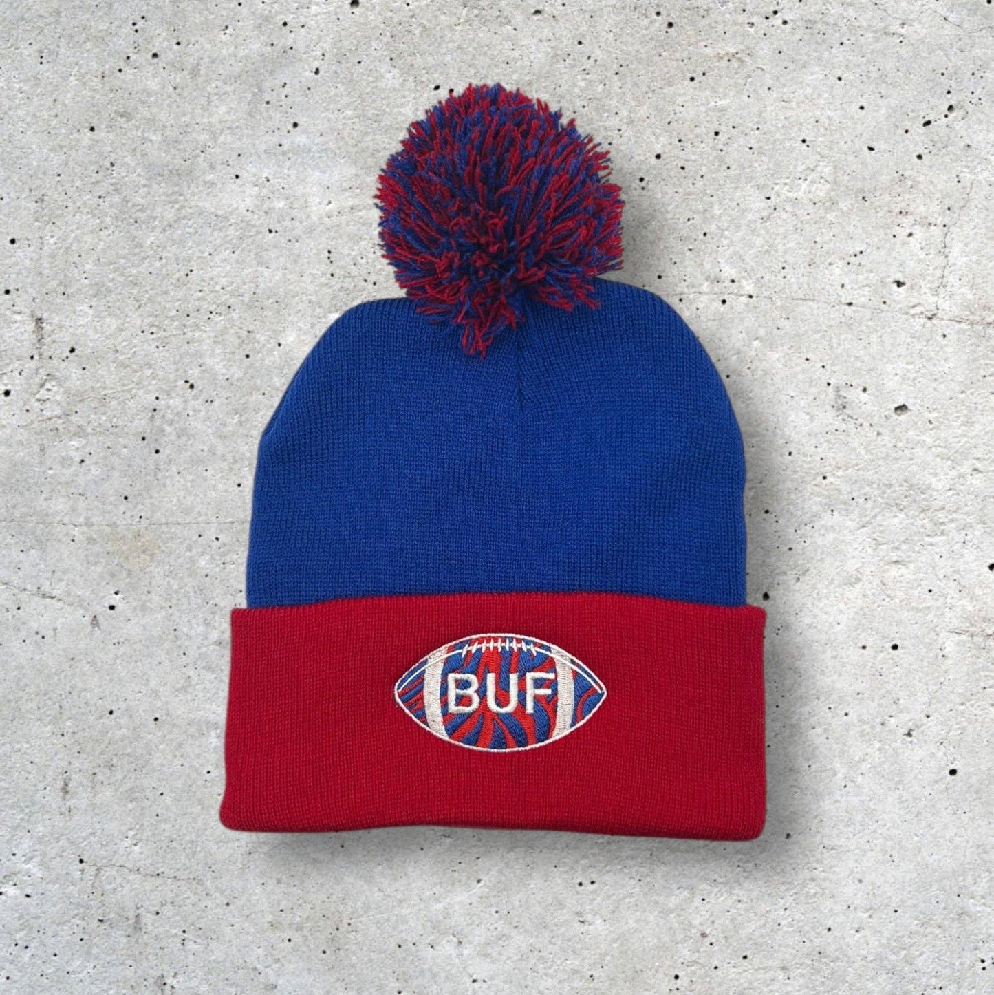 Embroidered BUF Football Beanie: Blue/Red / Pom Beanie