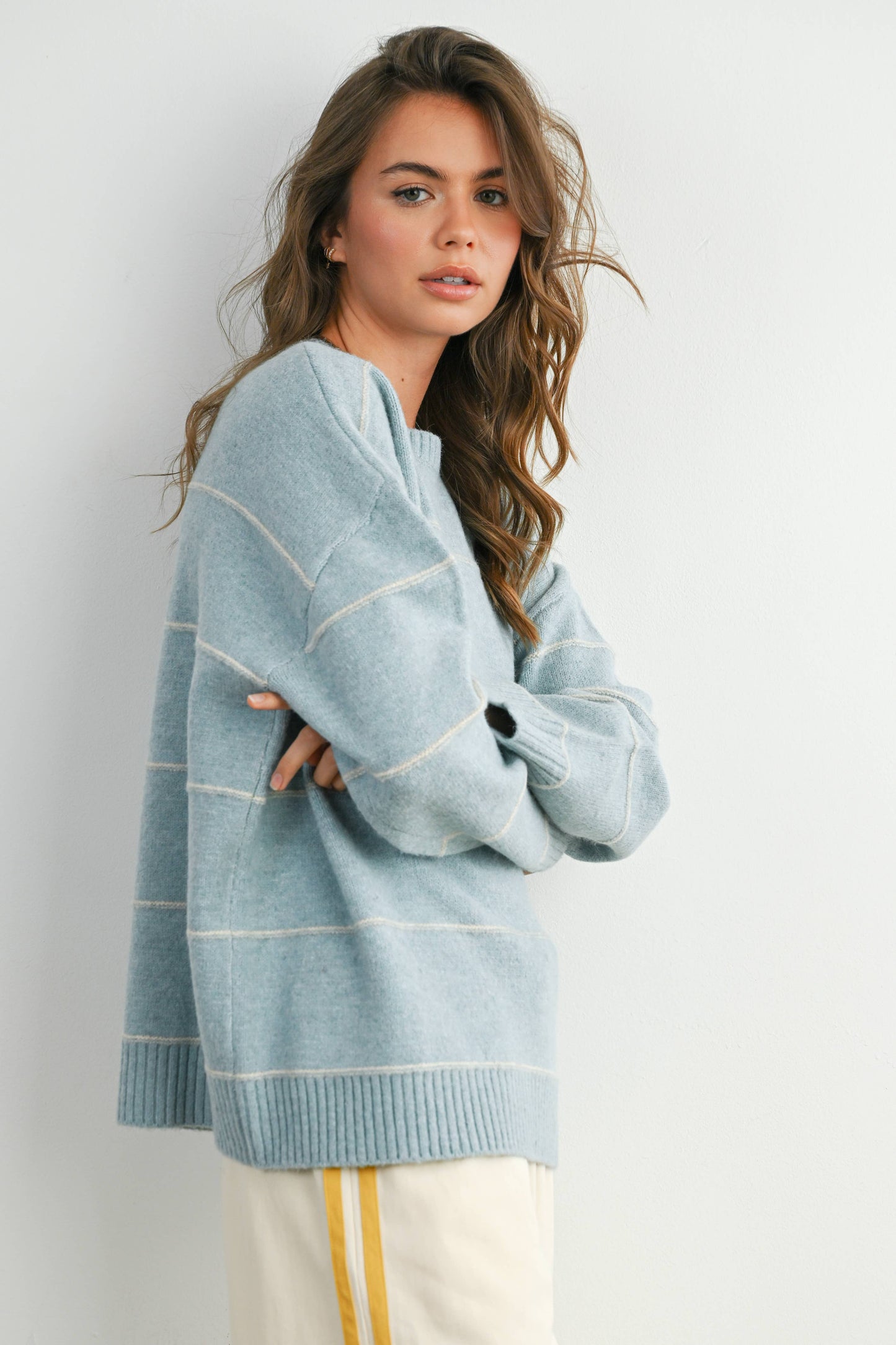 Striped Pattern Drop Shoulder Sweater - BMW7421: TAUPE MULTI / L