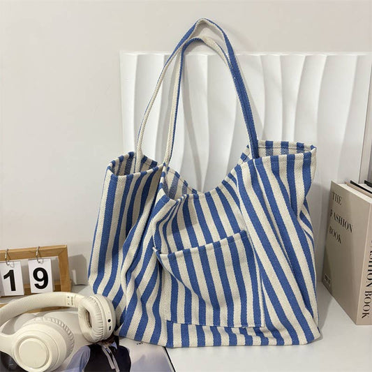 ORGANIC STRIPED TRENDING DOUBLE POCKET TOTE BAG | 40P561: Blue