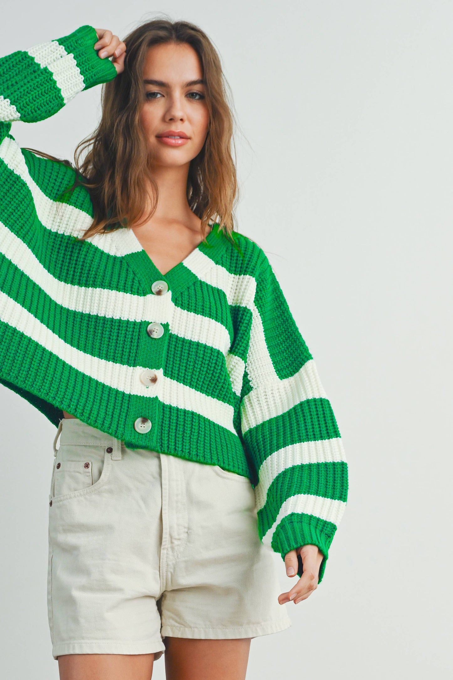 Striped V-Neck Cardigan with Buttons - BMC7331