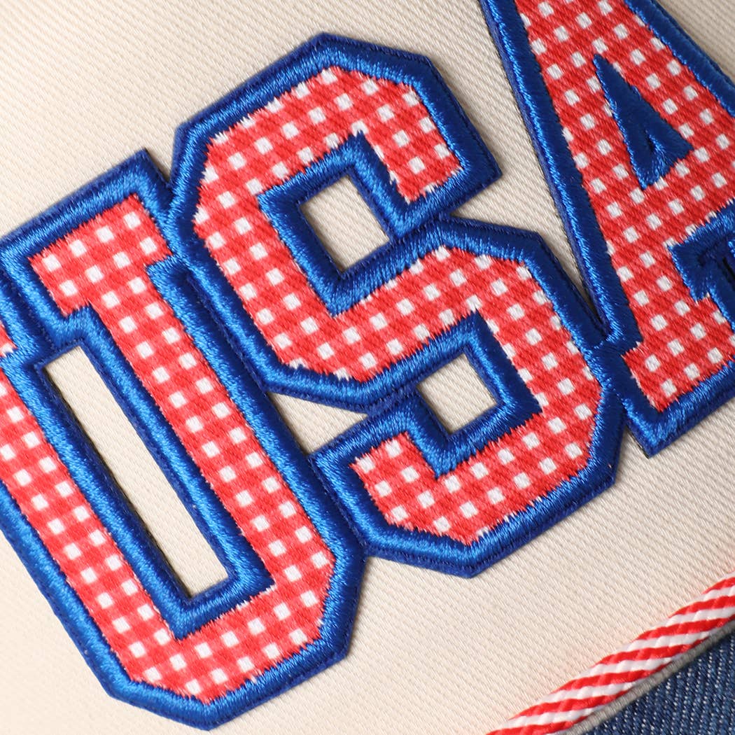 USA Gingham Letter Patch Star Brim Denim Trucker Hat