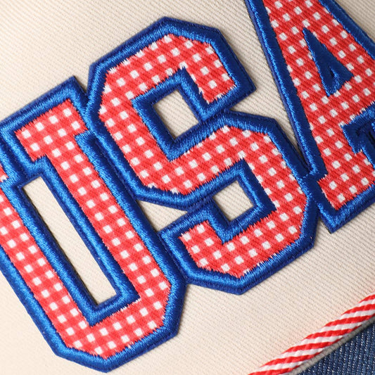 USA Gingham Letter Patch Star Brim Denim Trucker Hat