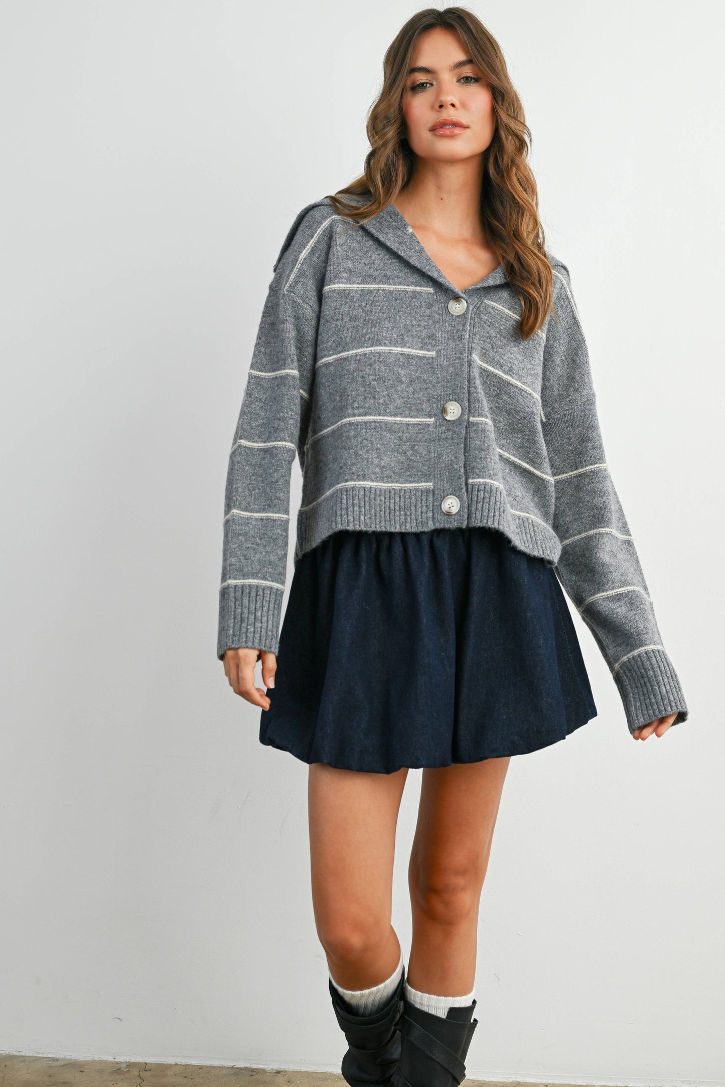 Button-Up Striped Collared Long Sleeve Top - BMC7883: TAUPE MULTI / M