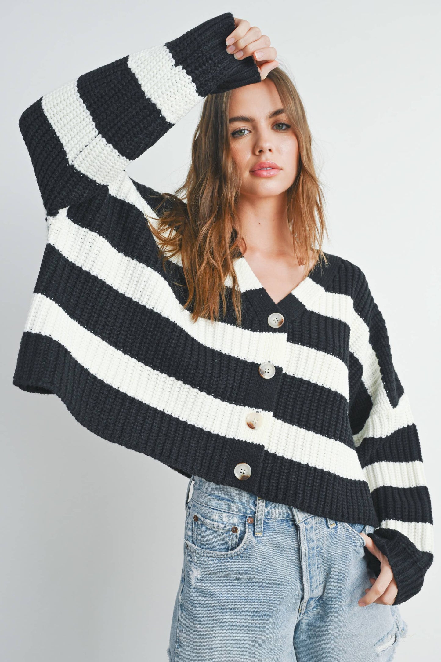 Striped V-Neck Cardigan with Buttons - BMC7331