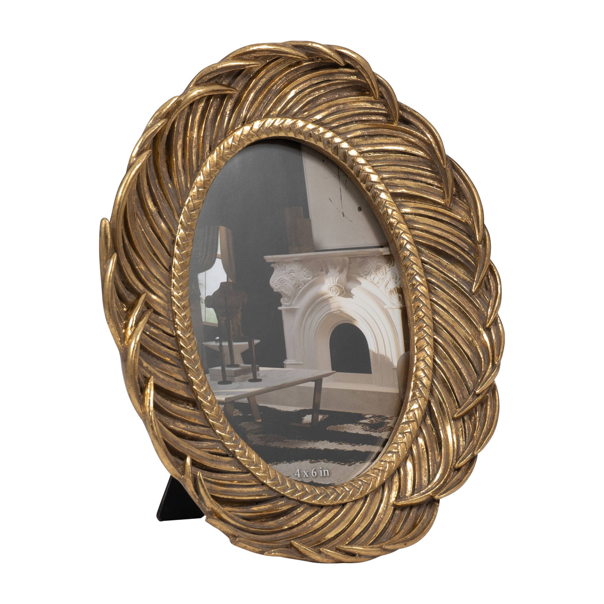 Photo Frame - Gold Polyresin Feathers Around Oval, 4x6 in.