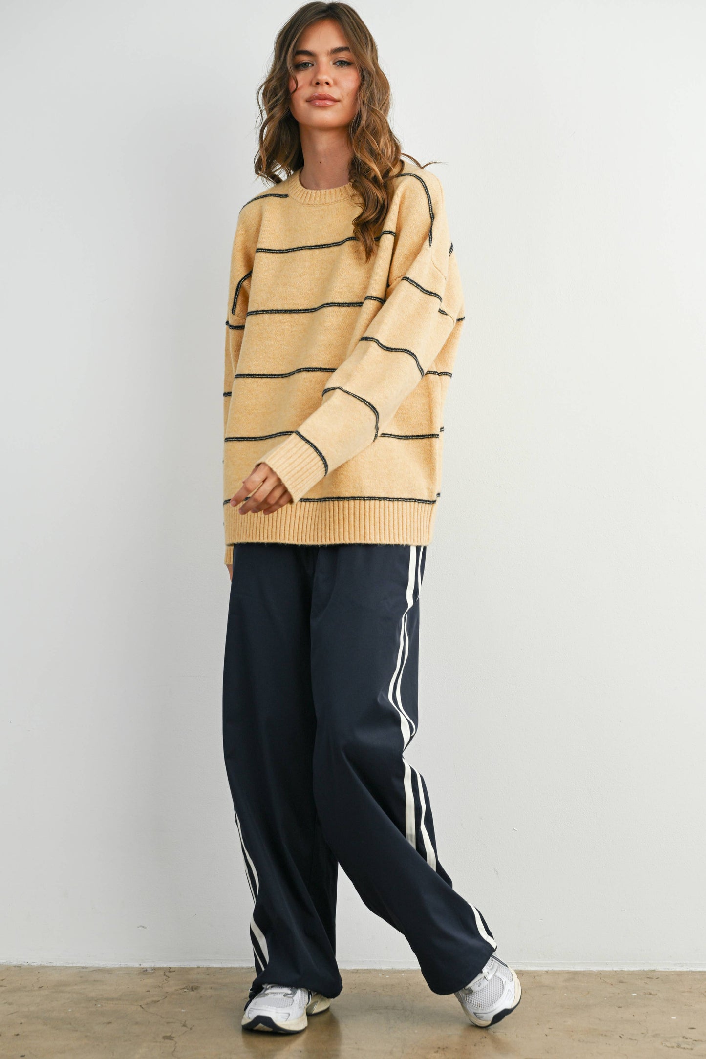 Striped Pattern Drop Shoulder Sweater - BMW7421: TAUPE MULTI / L