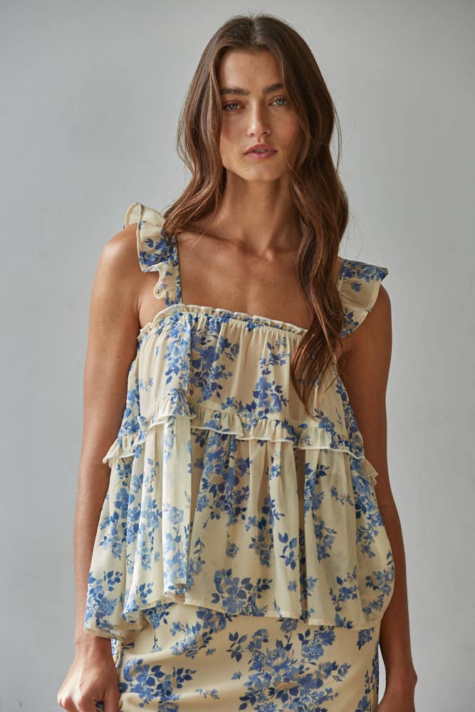 Woven Floral Print Ruffled Top