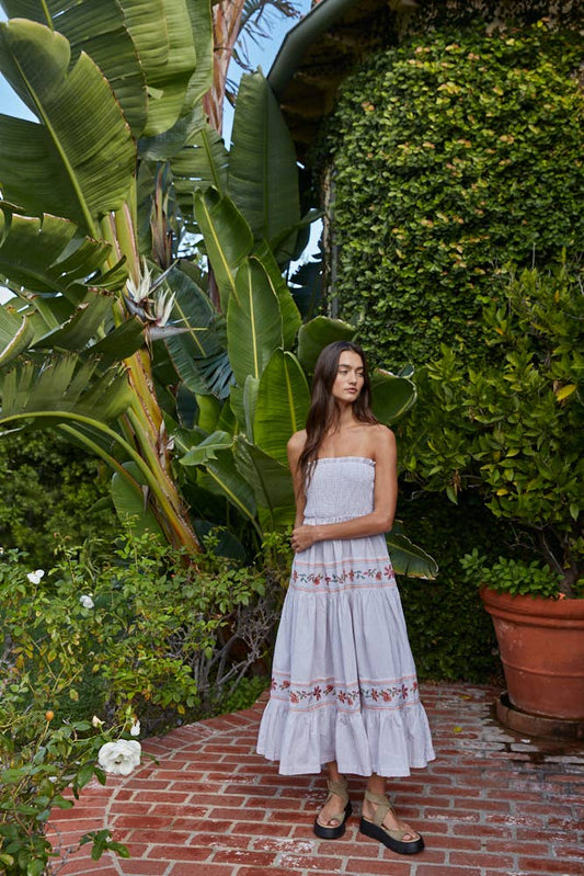 Striped Strapless Smocked Midi Dress