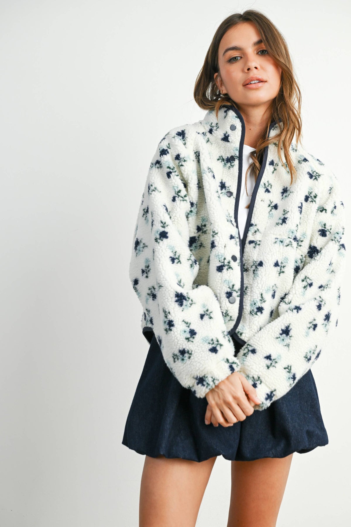 Floral Print Fluffy Fleece Jacket - BMJ7811: CREAM / KHAKI / L